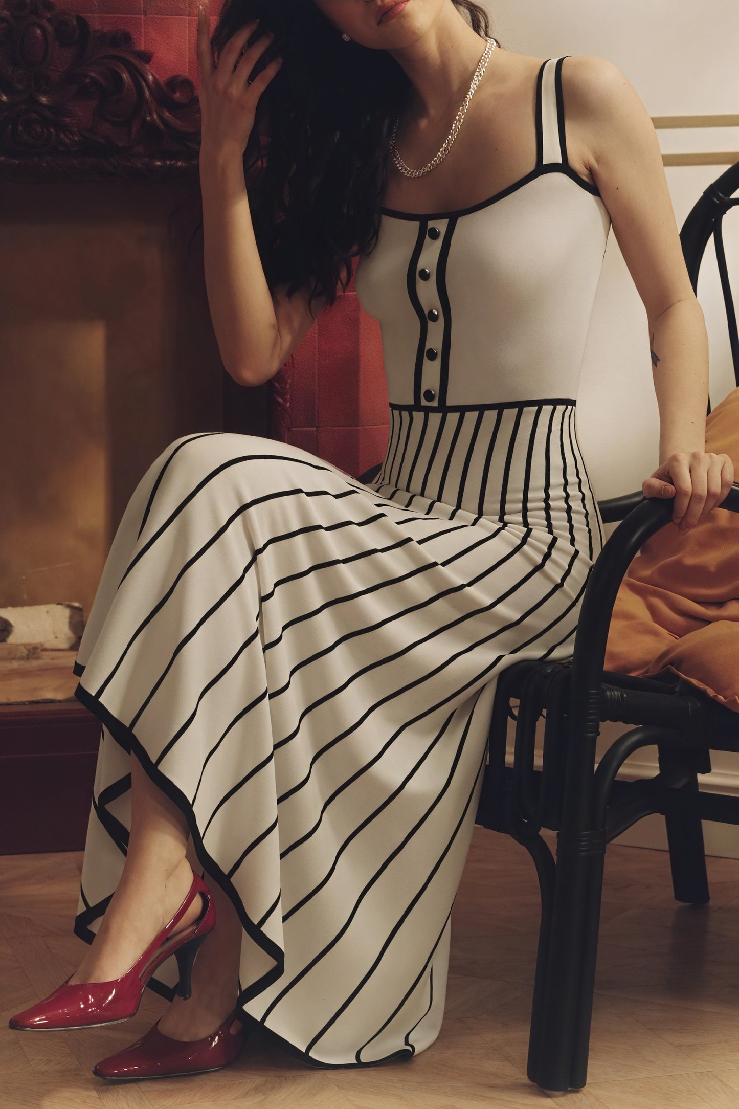 Striped Midi Dress - Button Bodice, Square Neck
