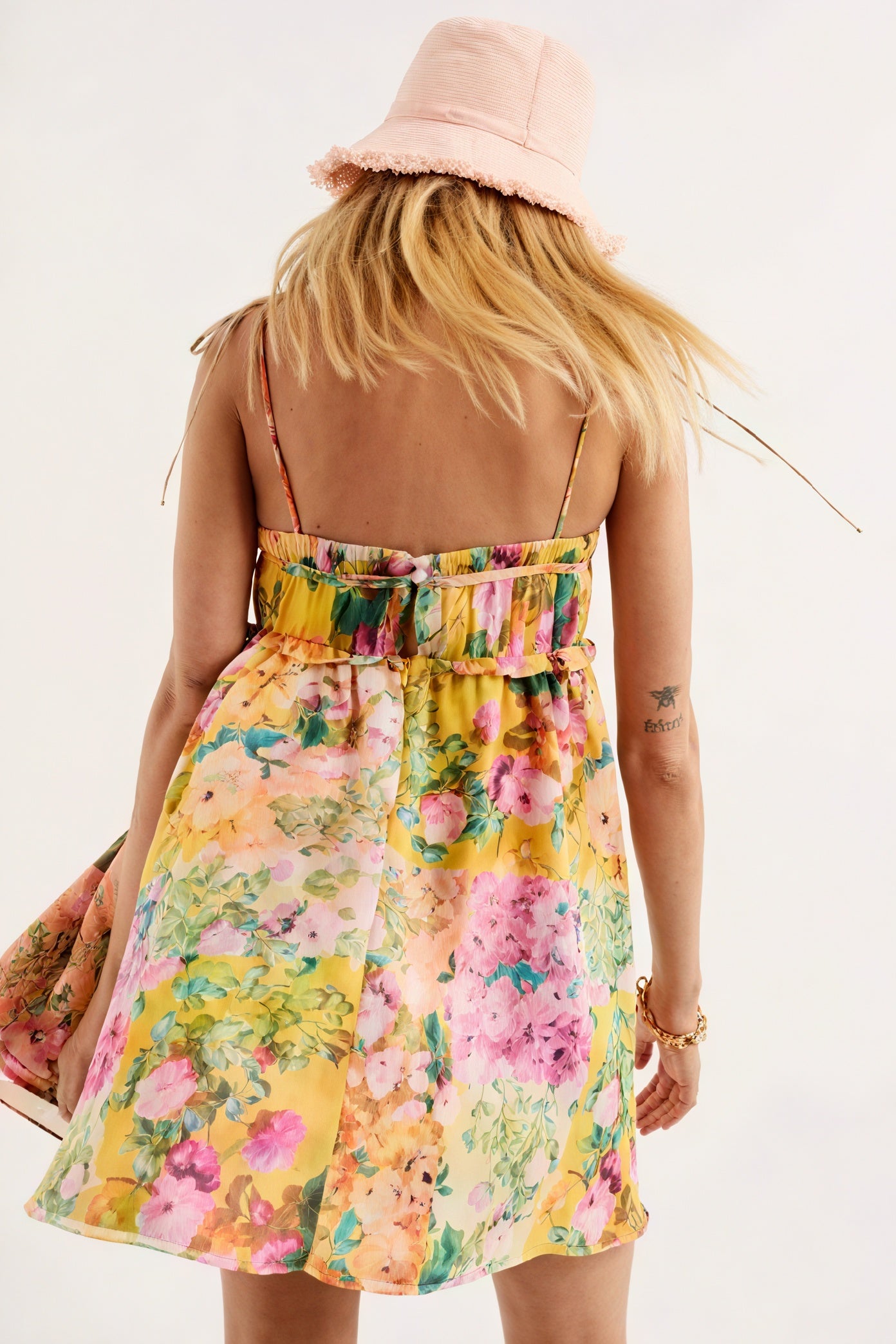 Floral Mini Dress - Tie Straps, Ruched Bodice