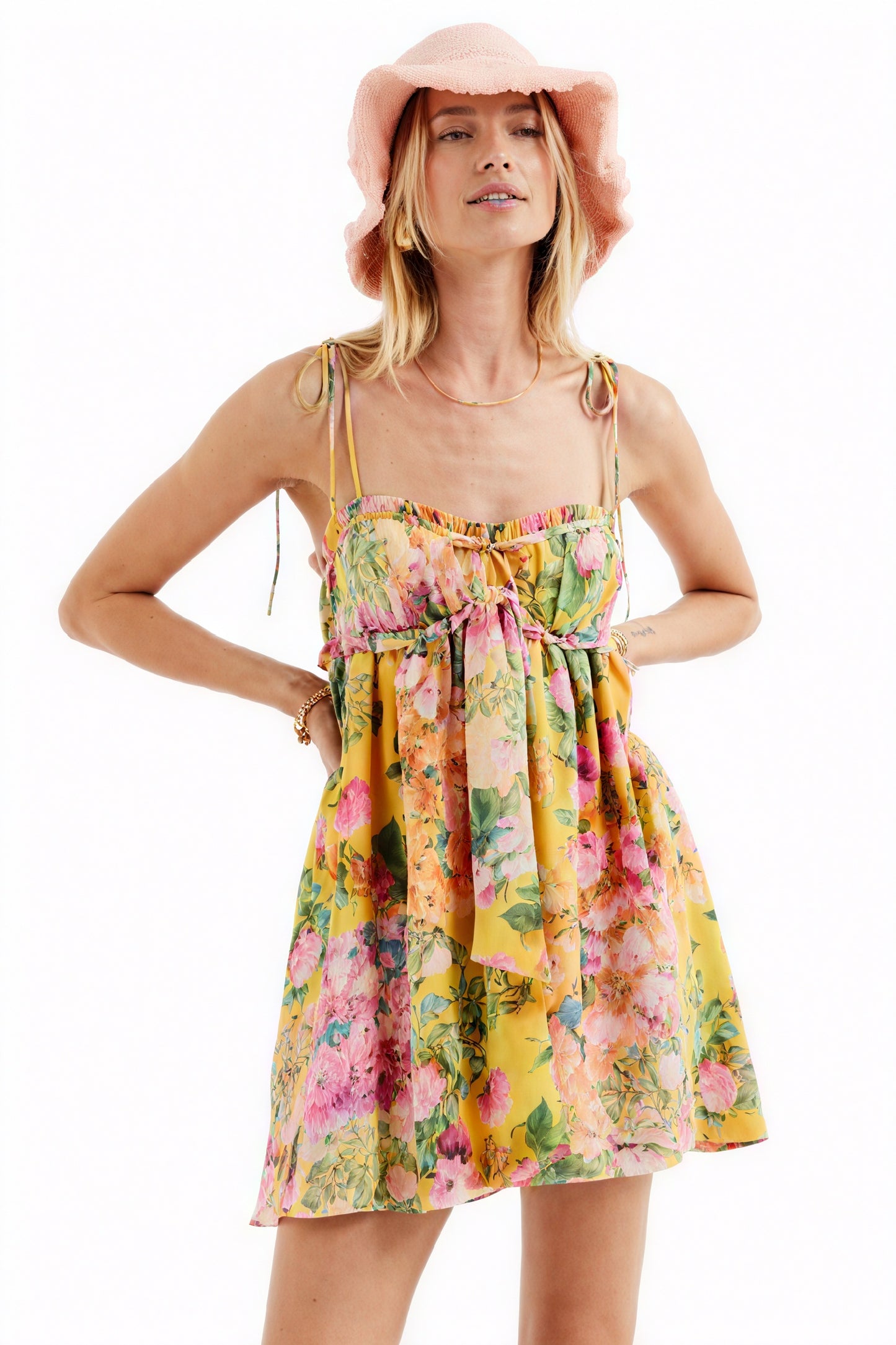 Floral Mini Dress - Tie Straps, Ruched Bodice