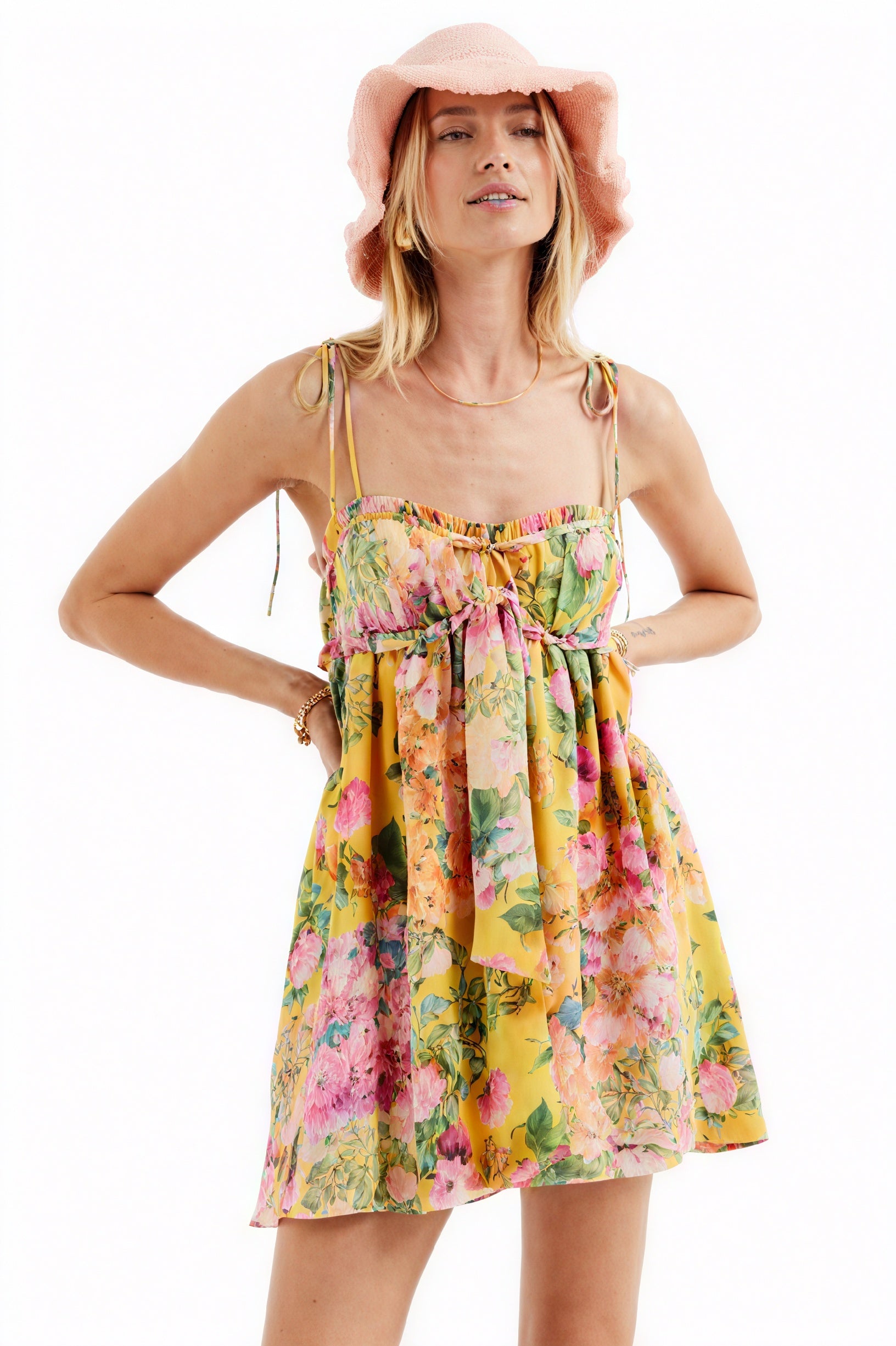 Floral Mini Dress - Tie Straps, Ruched Bodice