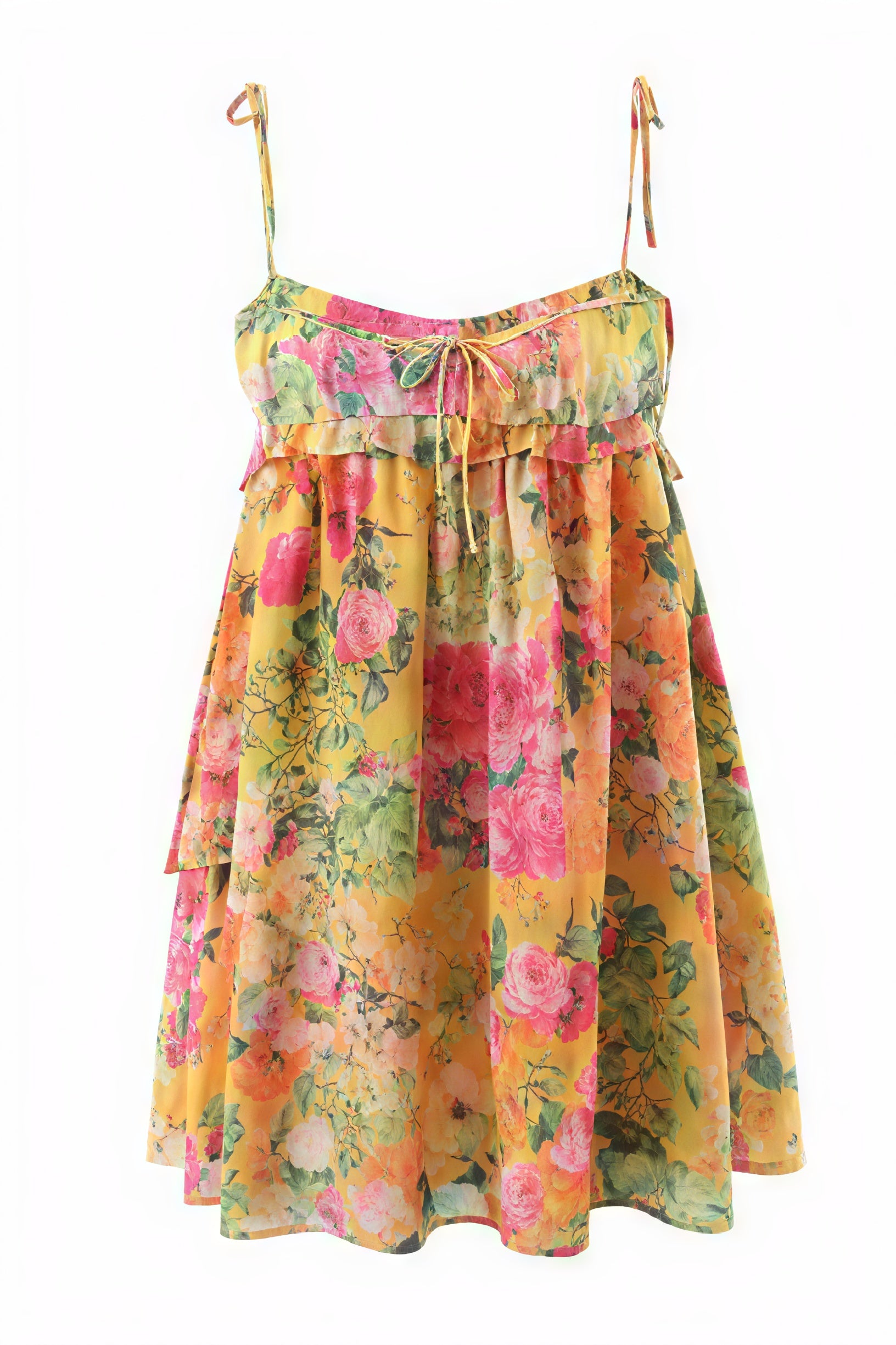 Floral Mini Dress - Tie Straps, Ruched Bodice