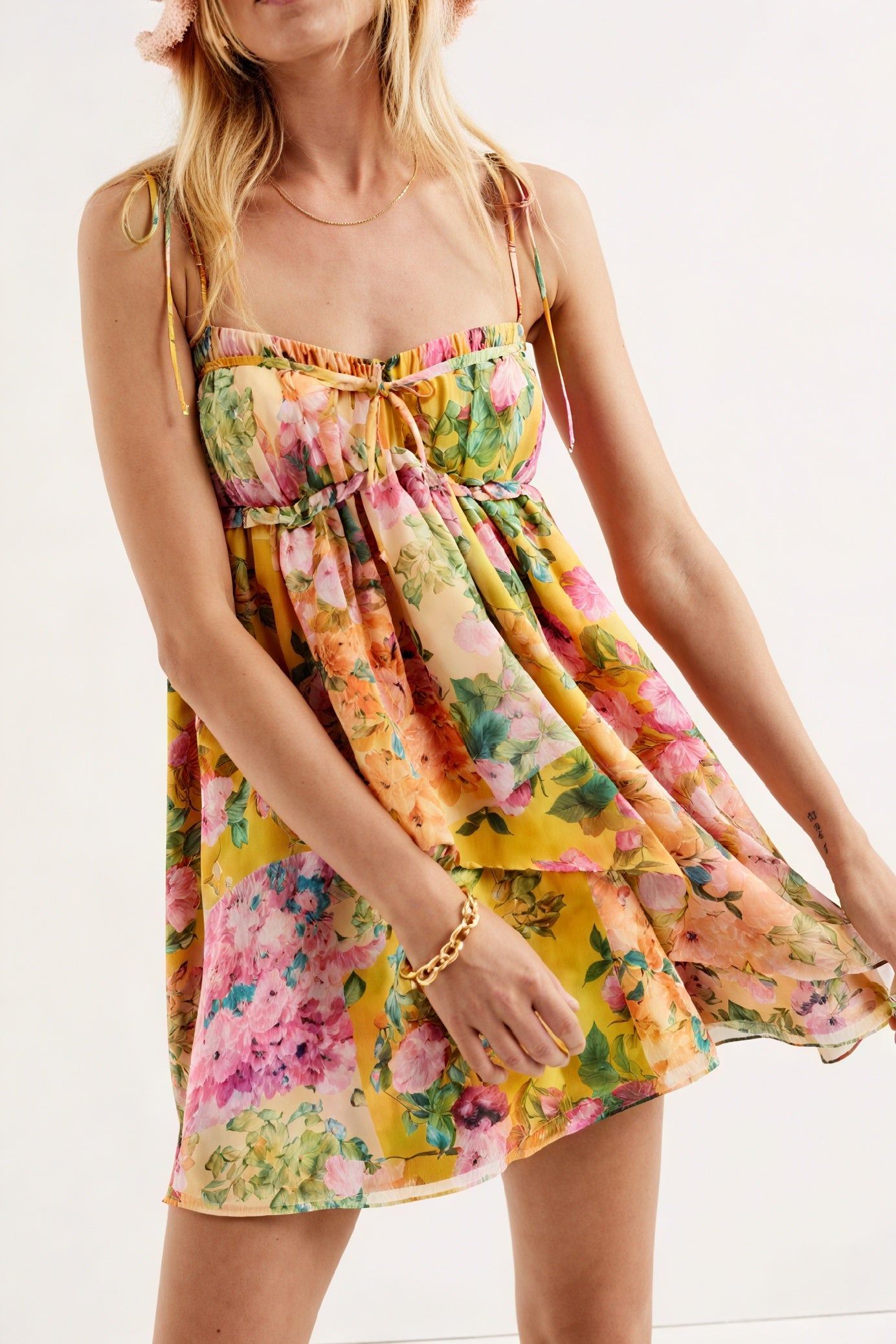 Floral Mini Dress - Tie Straps, Ruched Bodice