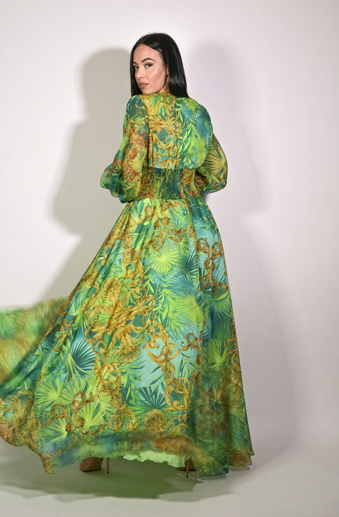 Abstract Maxi Dress - Plunging Neck, Flowing Sleeves