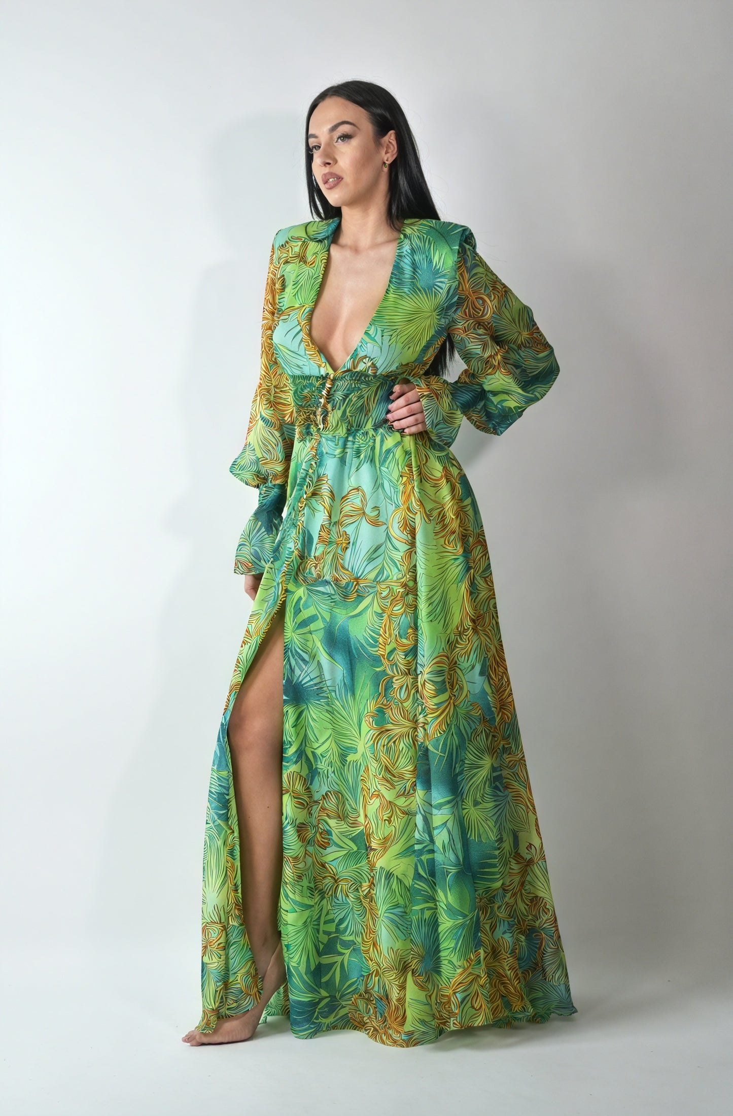 Abstract Maxi Dress - Plunging Neck, Flowing Sleeves