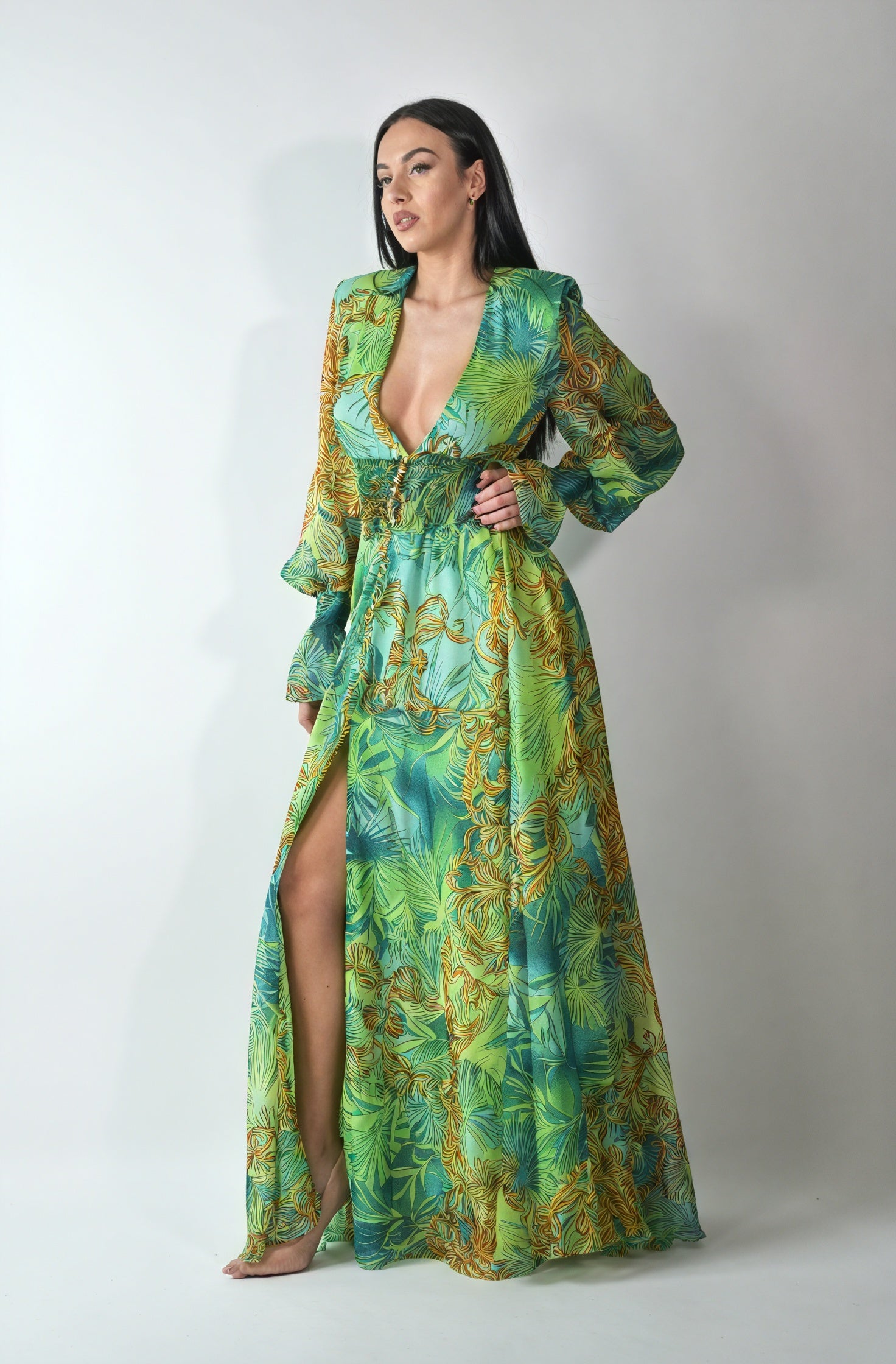 Abstract Maxi Dress - Plunging Neck, Flowing Sleeves