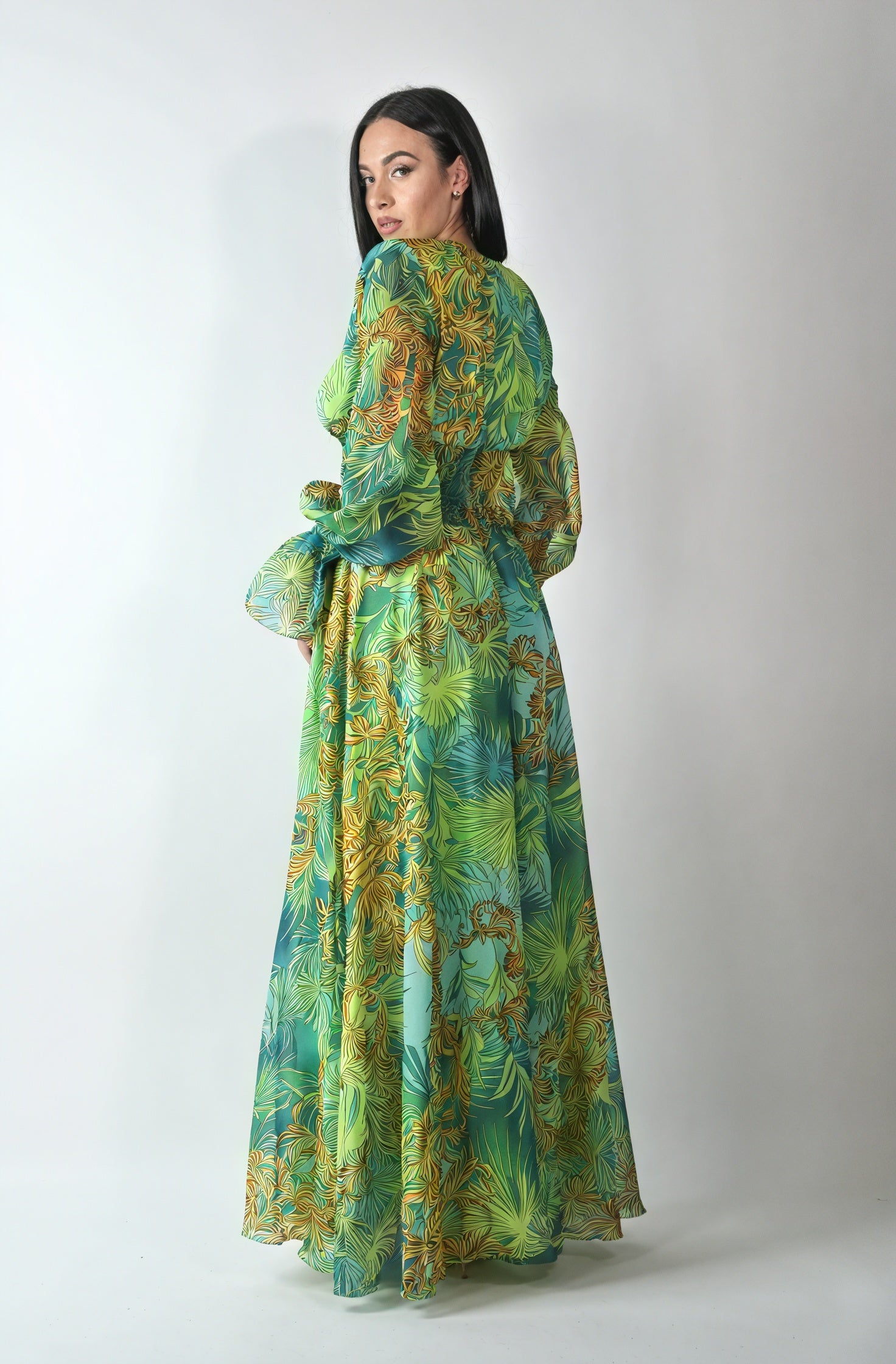 Abstract Maxi Dress - Plunging Neck, Flowing Sleeves