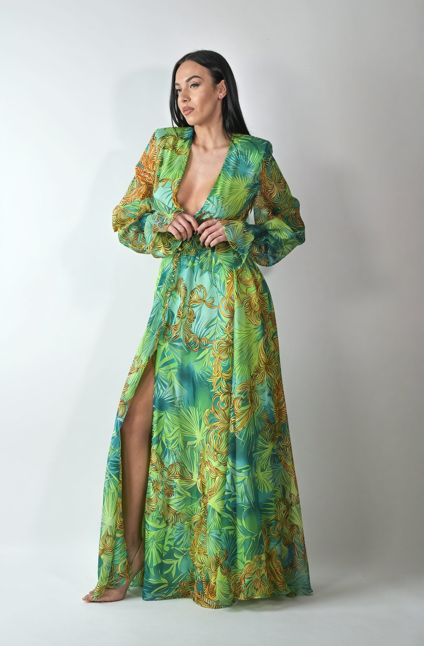 Abstract Maxi Dress - Plunging Neck, Flowing Sleeves