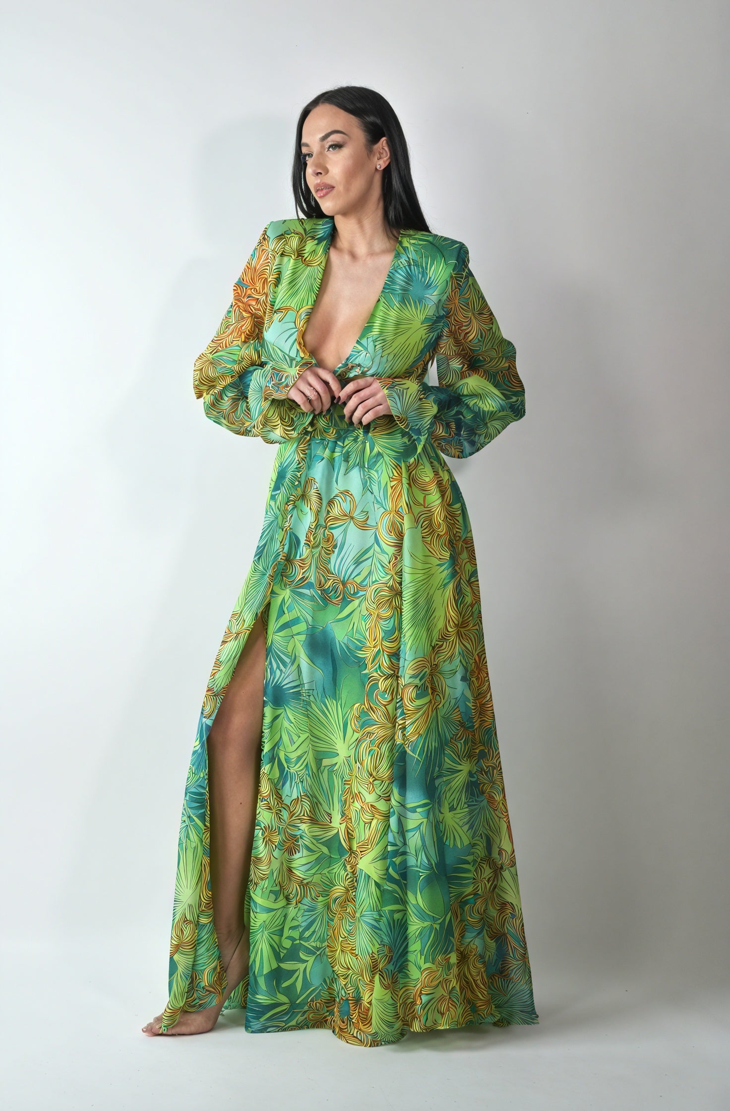 Abstract Maxi Dress - Plunging Neck, Flowing Sleeves