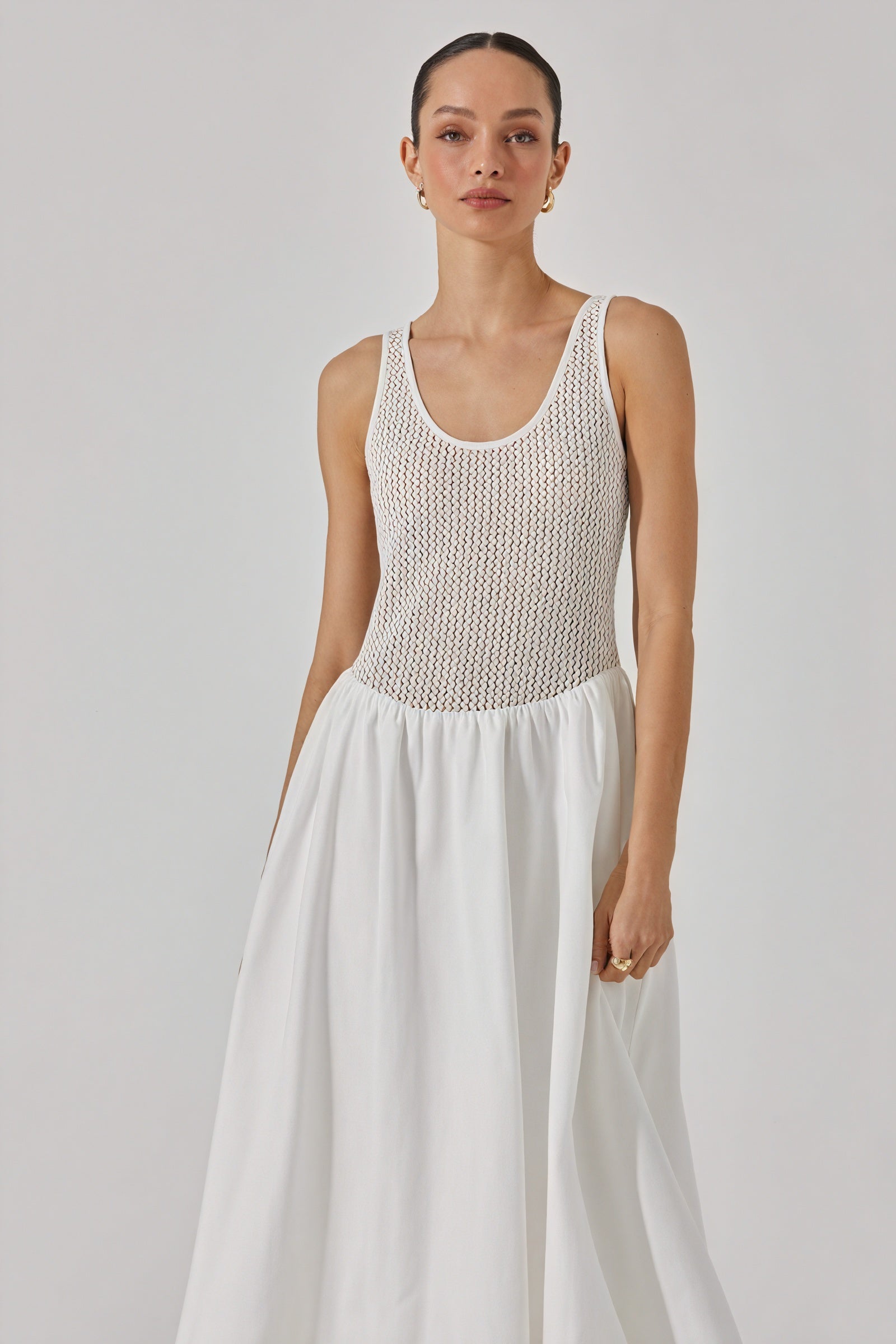 Textured Bodice High-Waisted Midi Dress