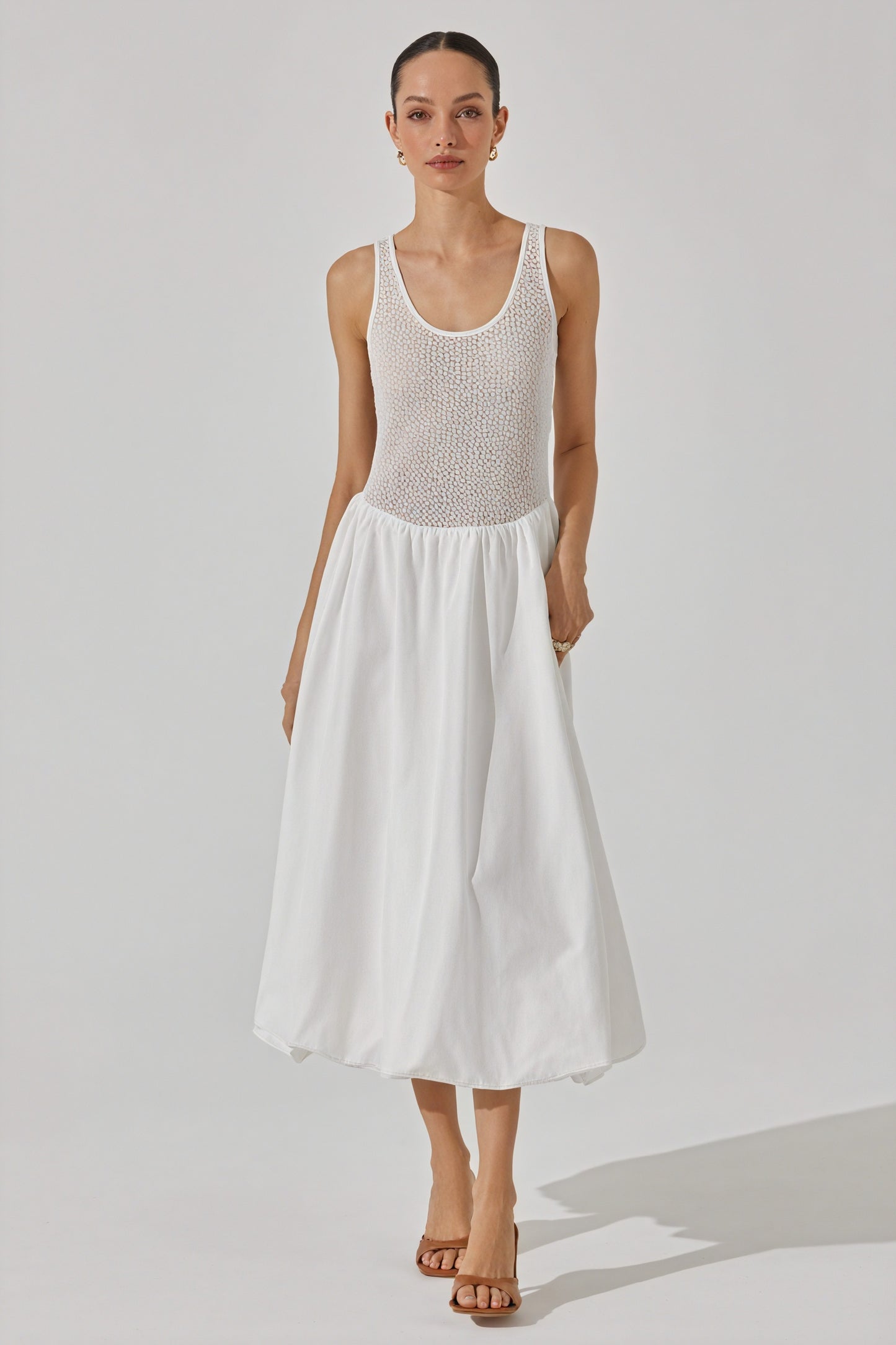 Textured Bodice High-Waisted Midi Dress