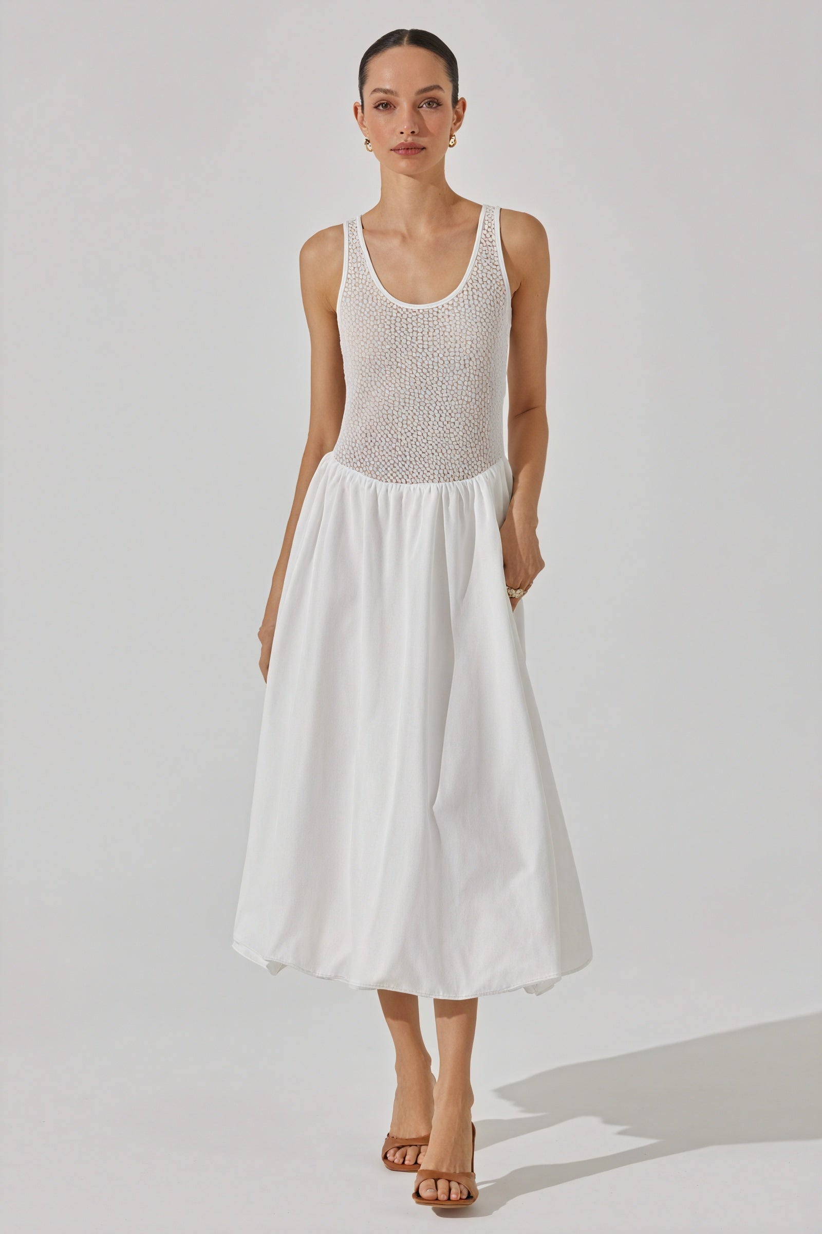 Textured Bodice High-Waisted Midi Dress