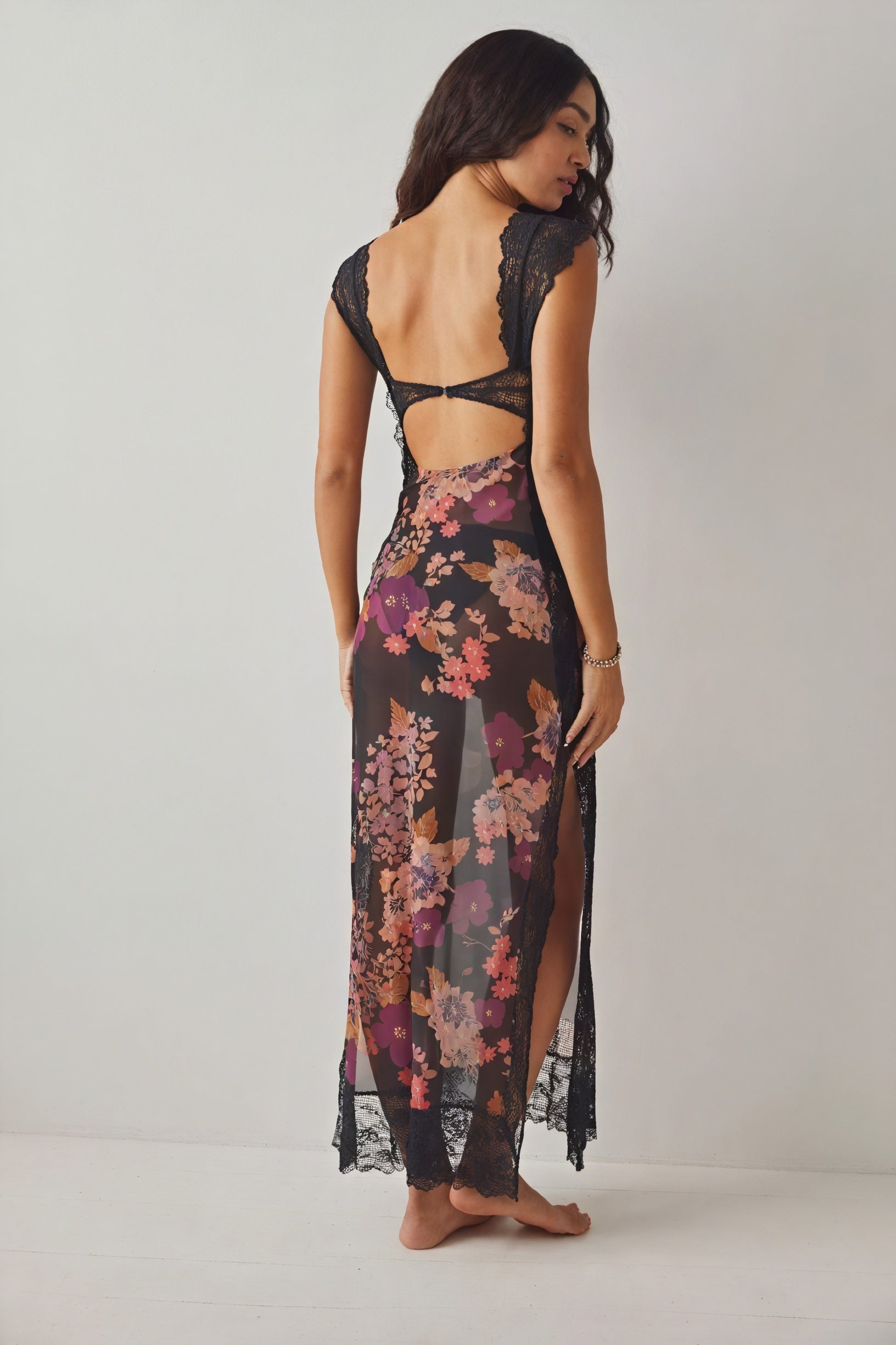 Floral Sheer Maxi Dress with Lace Trim