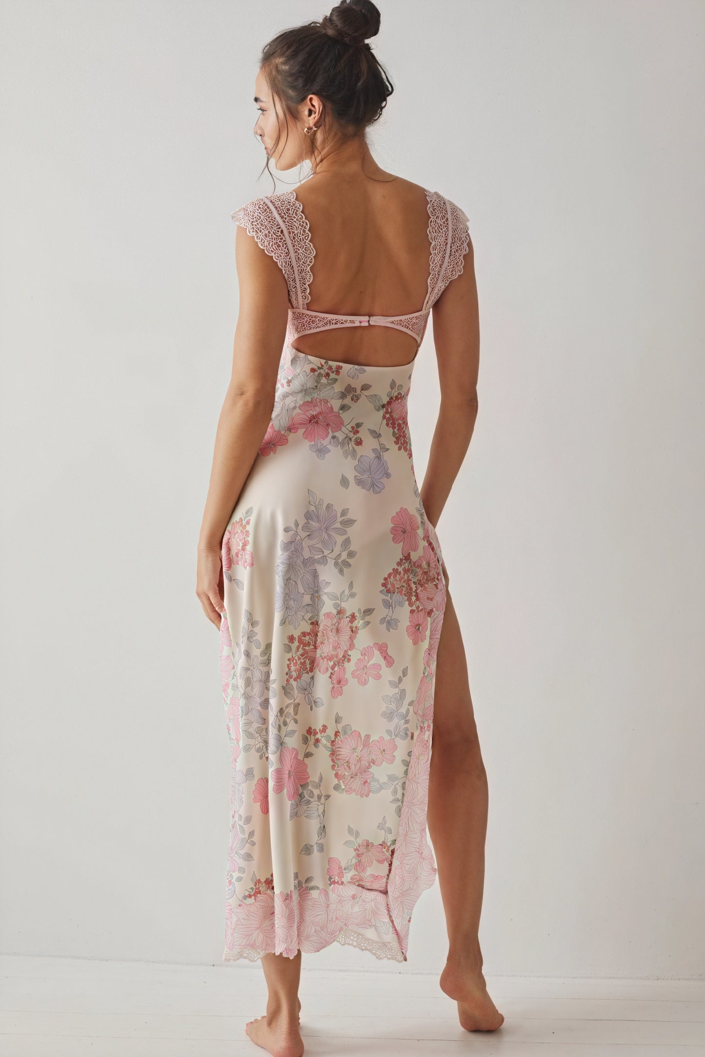 Floral Sheer Maxi Dress with Lace Trim