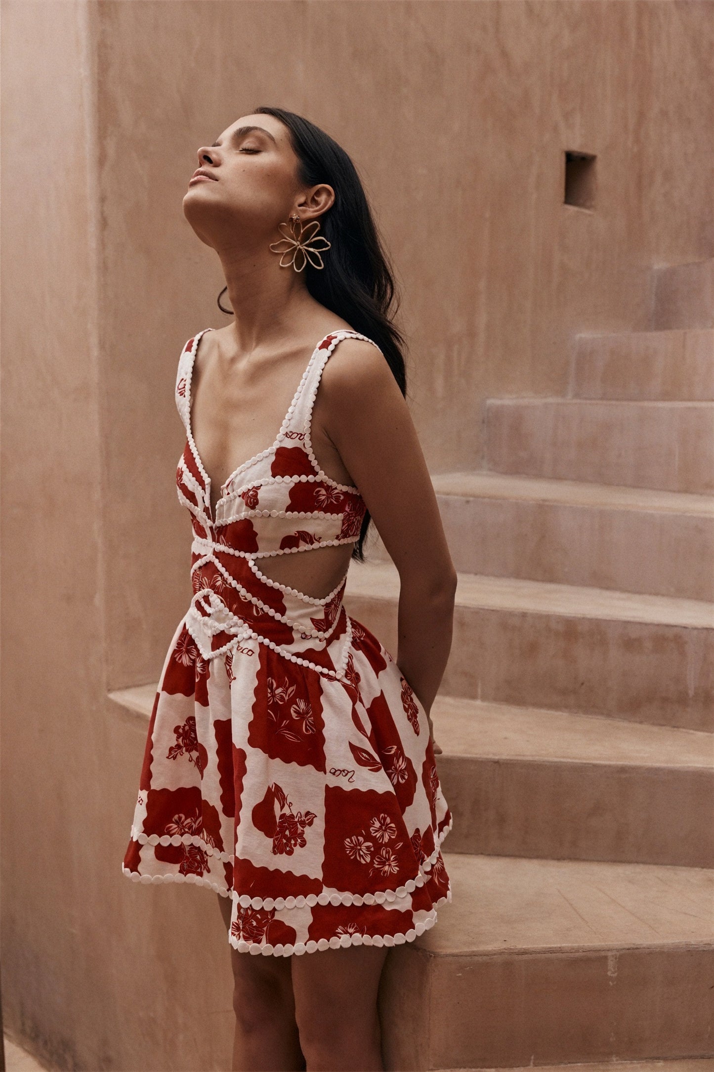 Floral Cut-Out Mini Dress - Red & White