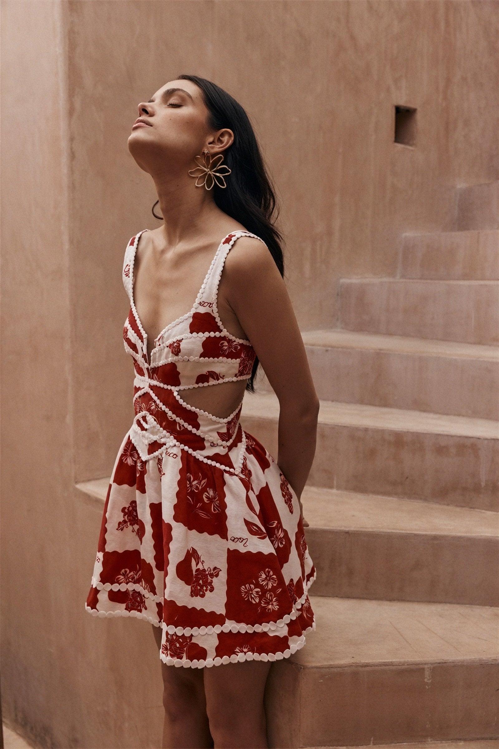 Floral Cut-Out Mini Dress - Red & White