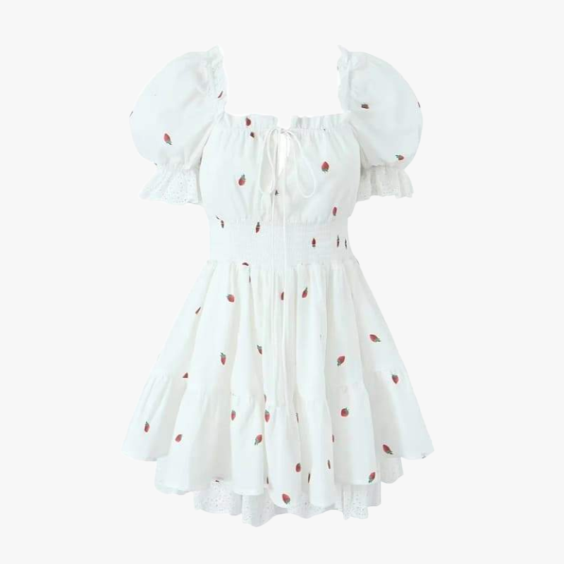 Embroidered Off-Shoulder Dress - Fruit Motifs