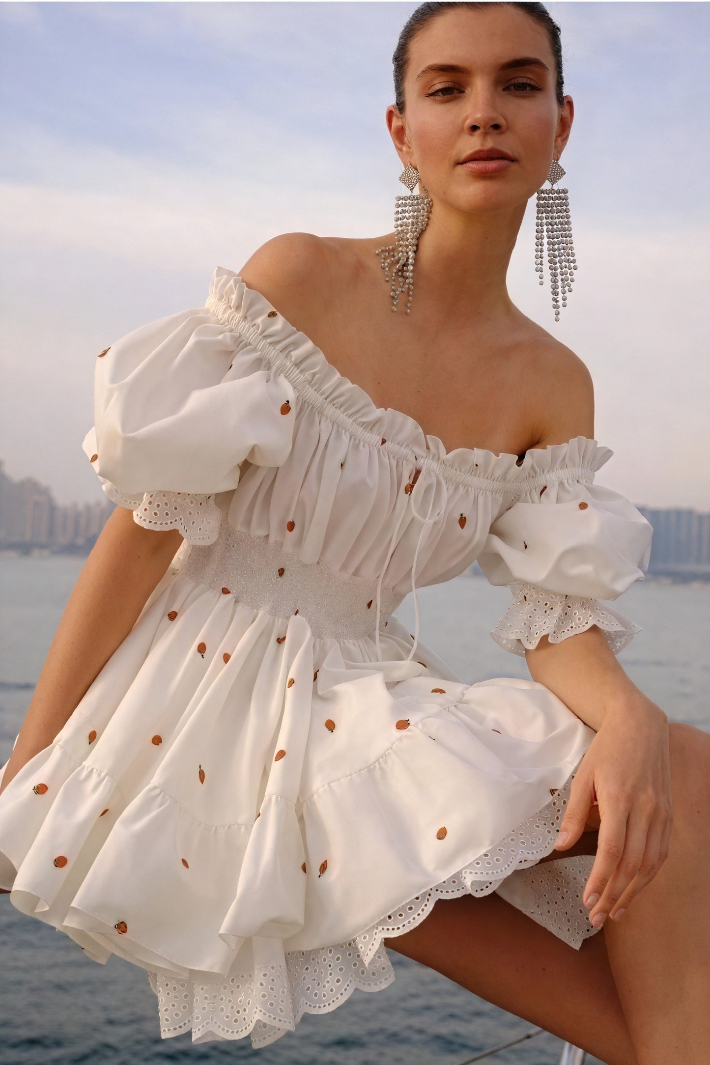 Embroidered Off-Shoulder Dress - Fruit Motifs