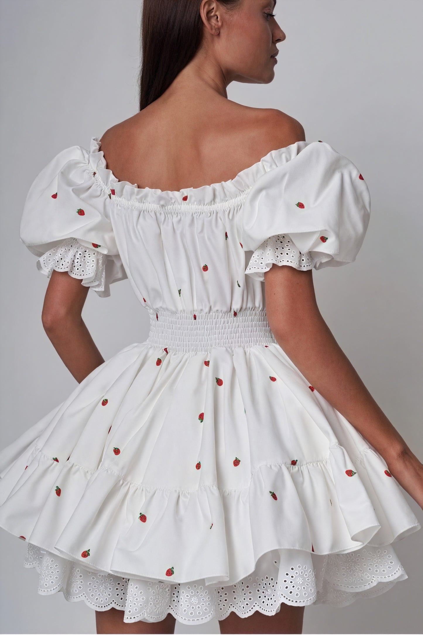 Embroidered Off-Shoulder Dress - Fruit Motifs