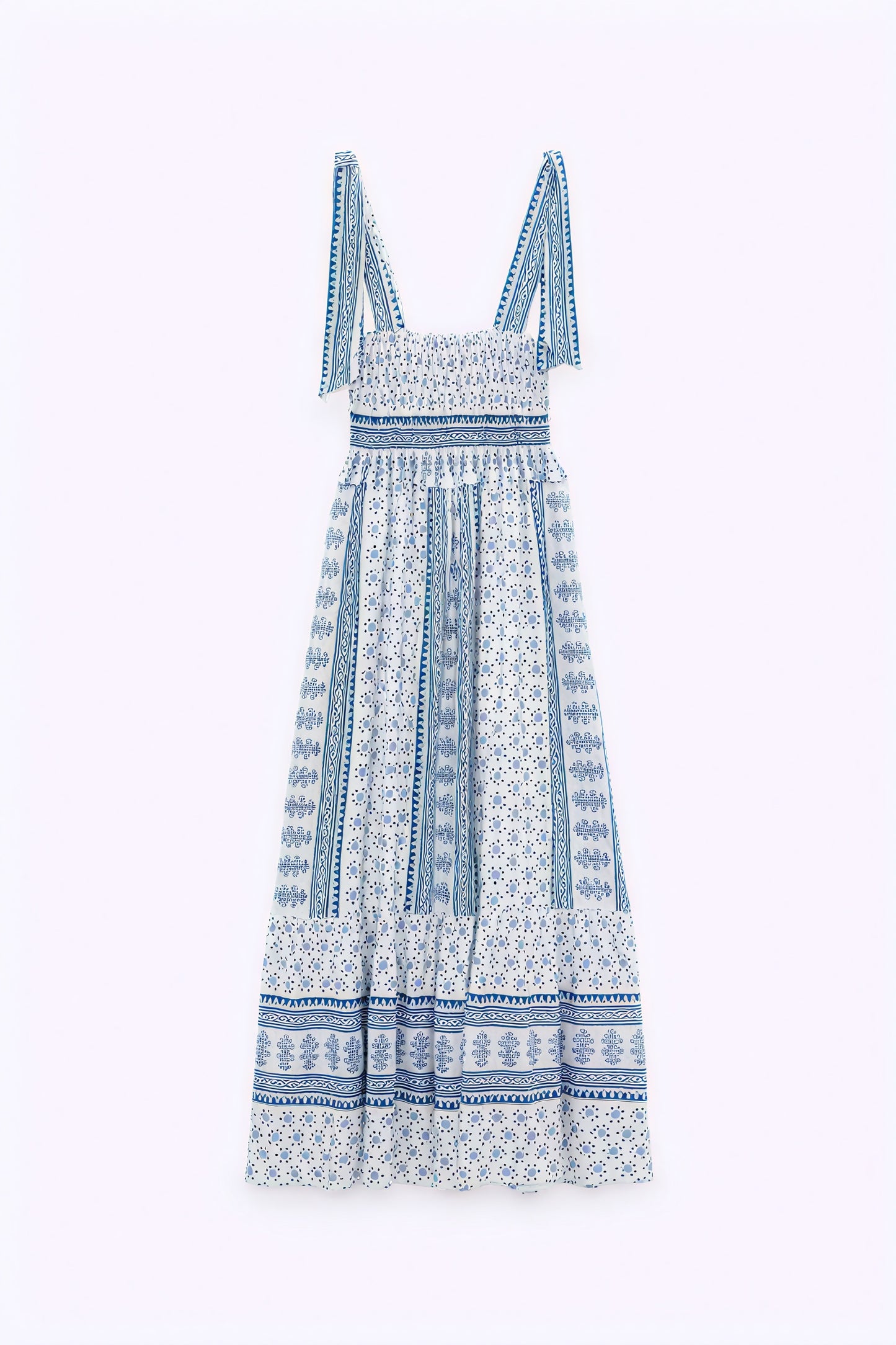 Smocked Midi Dress - Tie Straps, Floral Print