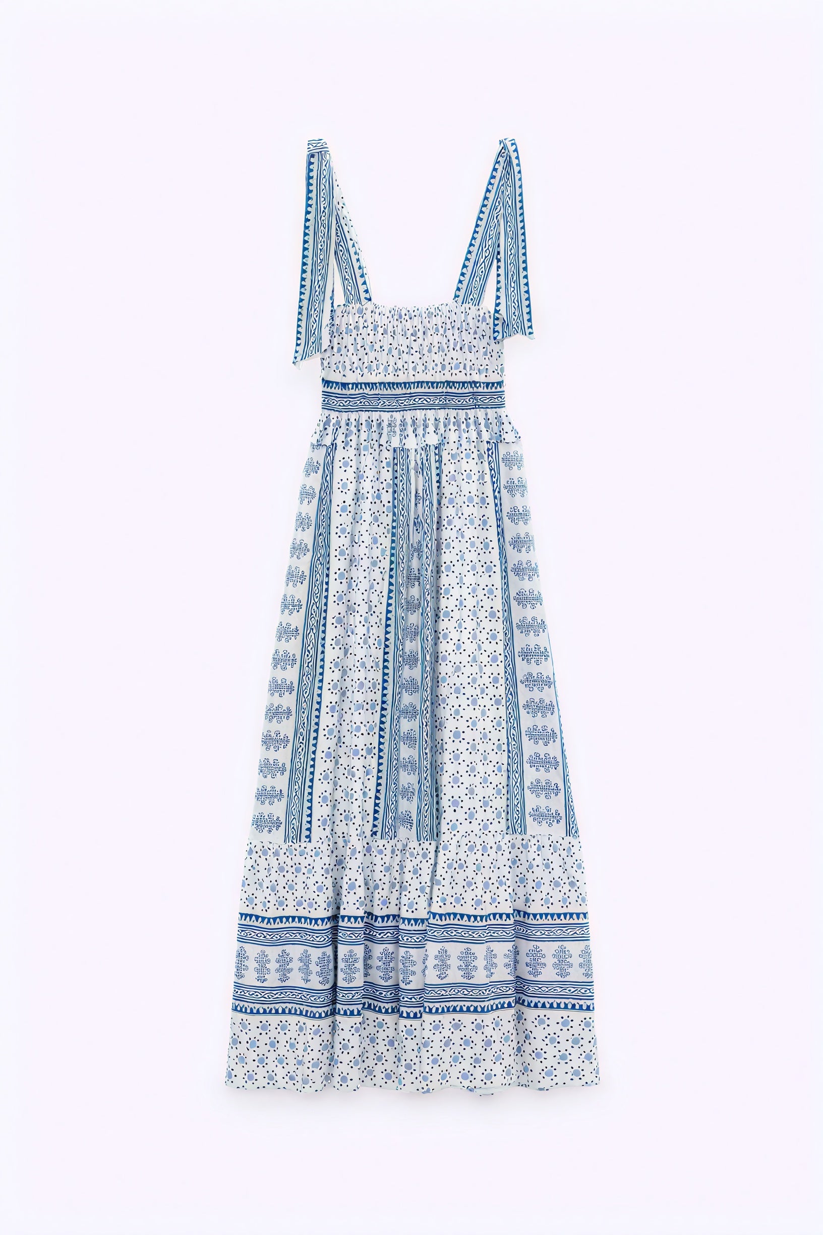 Smocked Midi Dress - Tie Straps, Floral Print