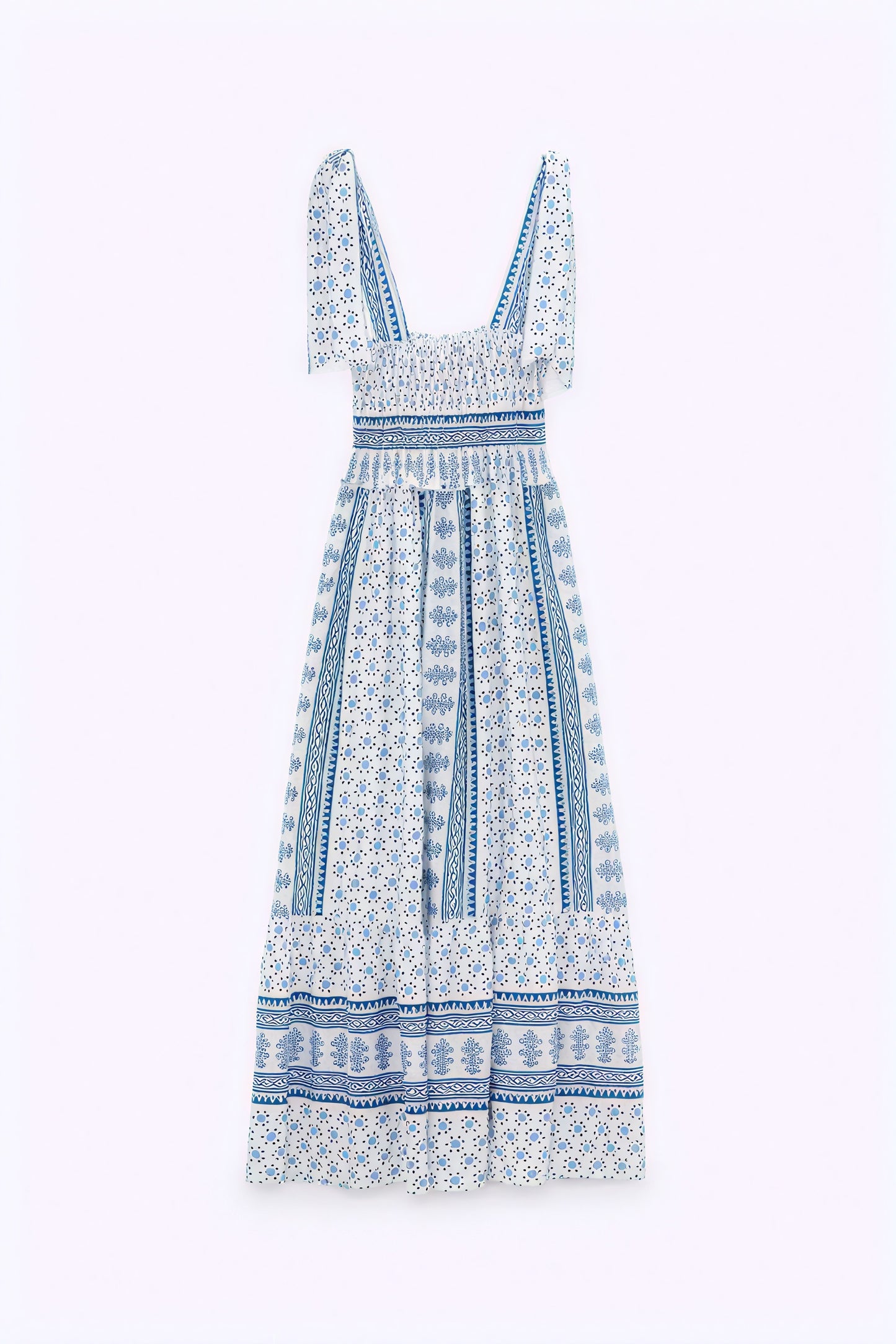Smocked Midi Dress - Tie Straps, Floral Print