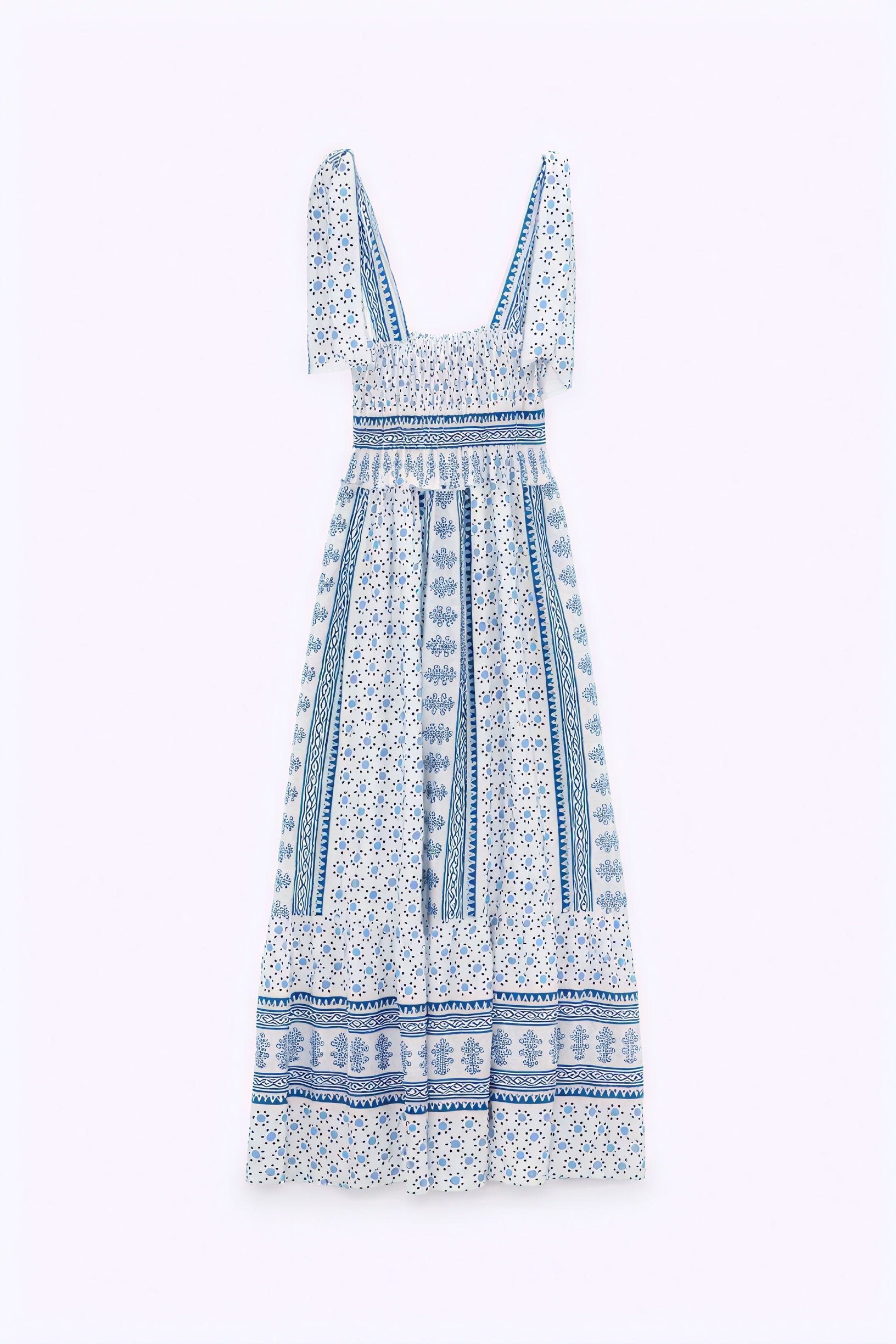 Smocked Midi Dress - Tie Straps, Floral Print