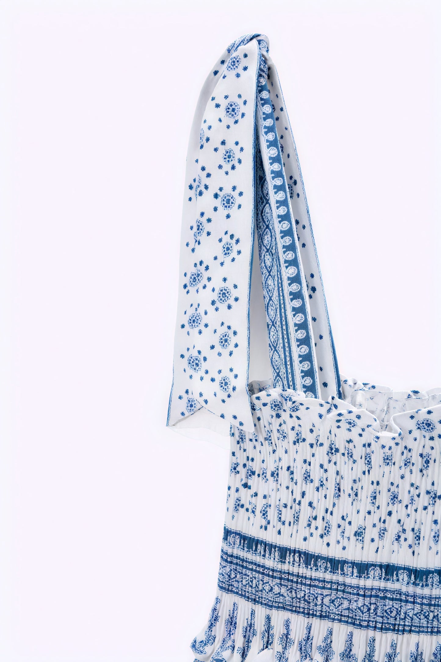 Smocked Midi Dress - Tie Straps, Floral Print