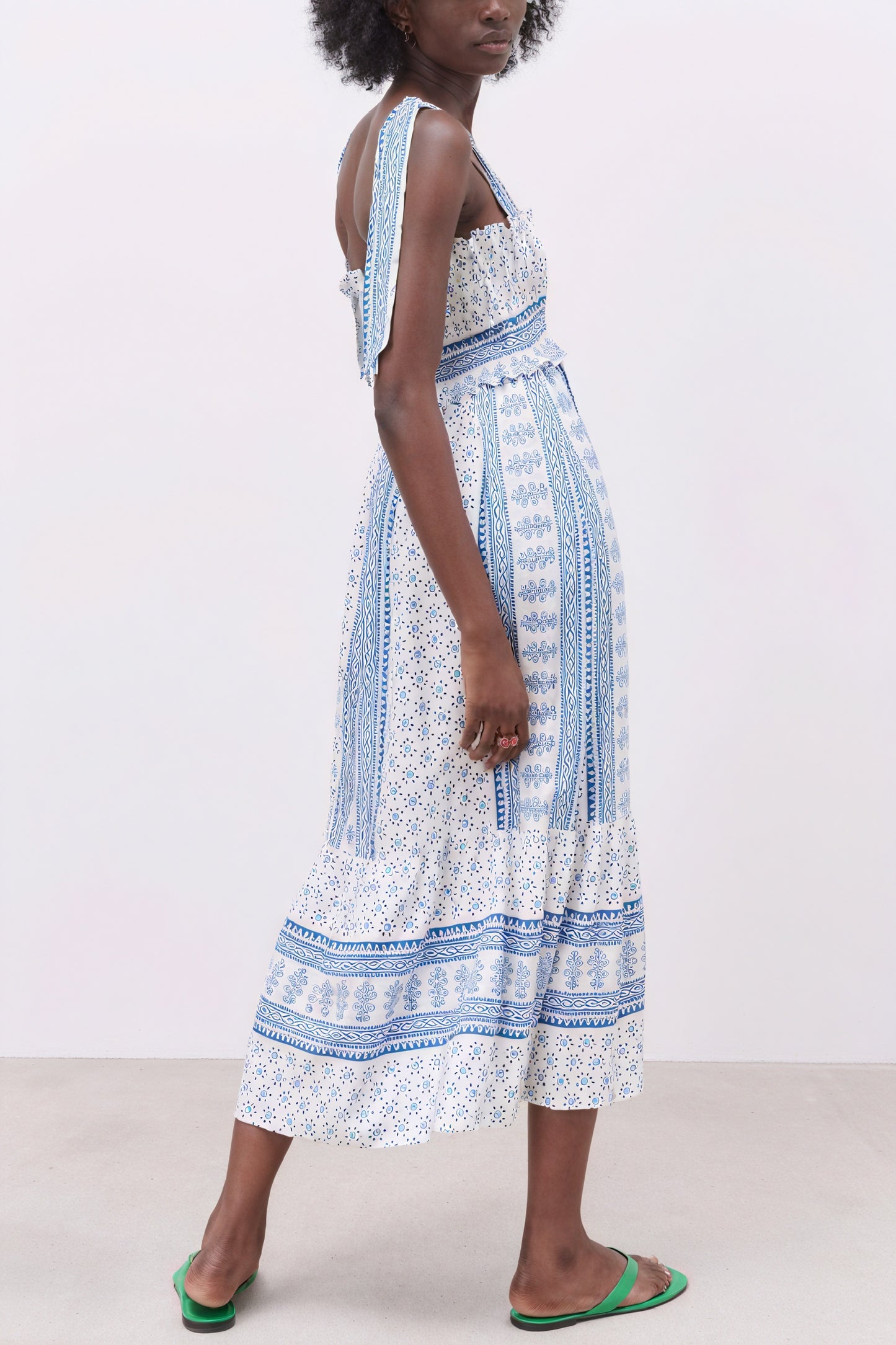 Smocked Midi Dress - Tie Straps, Floral Print