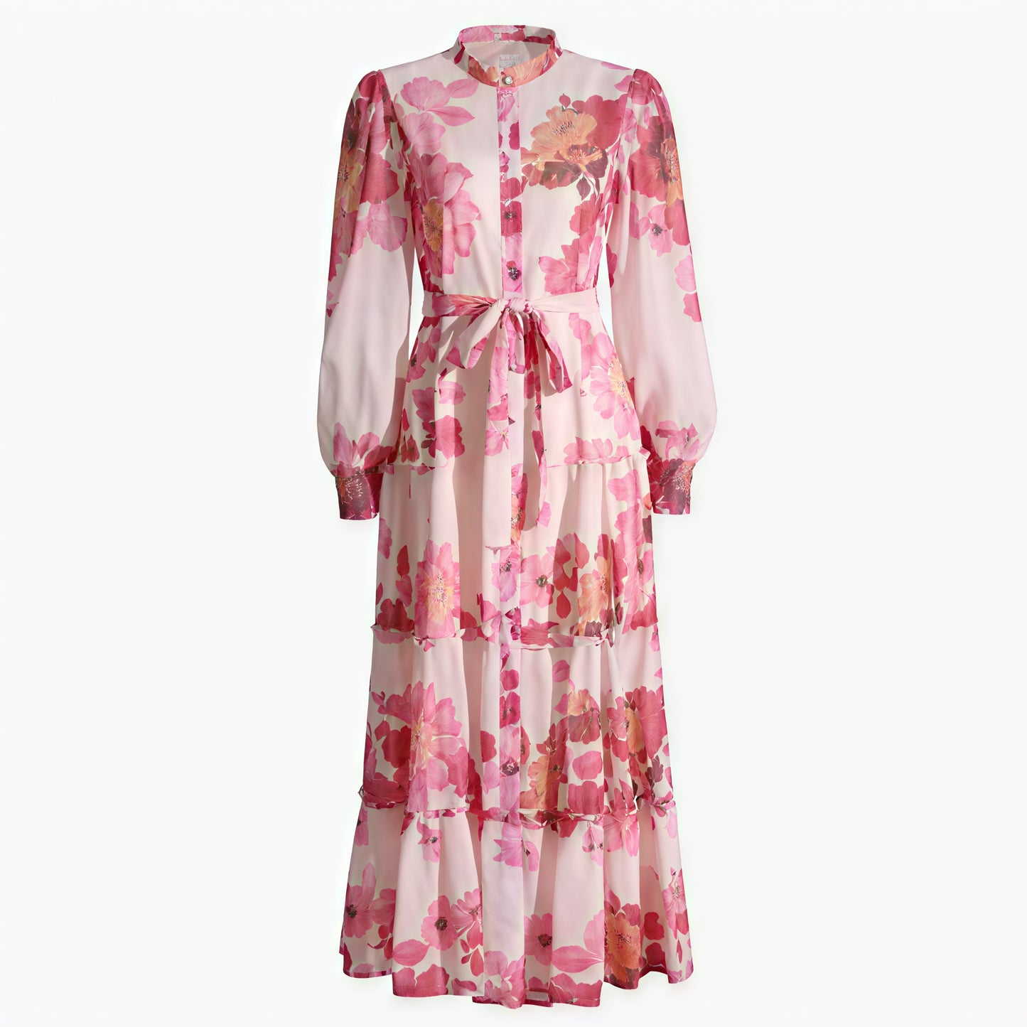 Floral Tiered Maxi Dress - Mandarin Collar