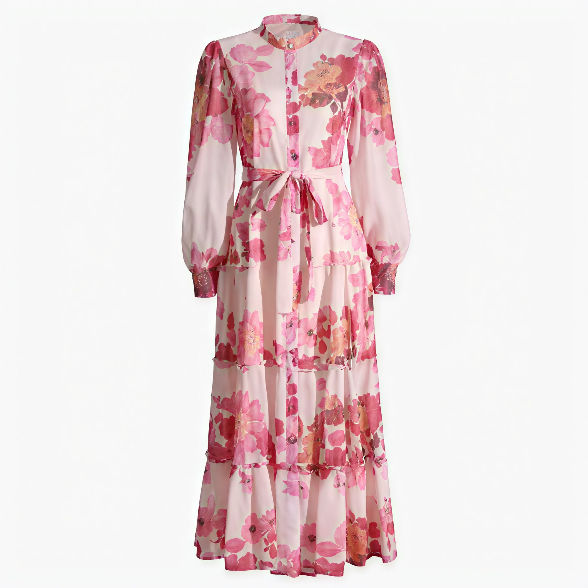 Floral Tiered Maxi Dress - Mandarin Collar