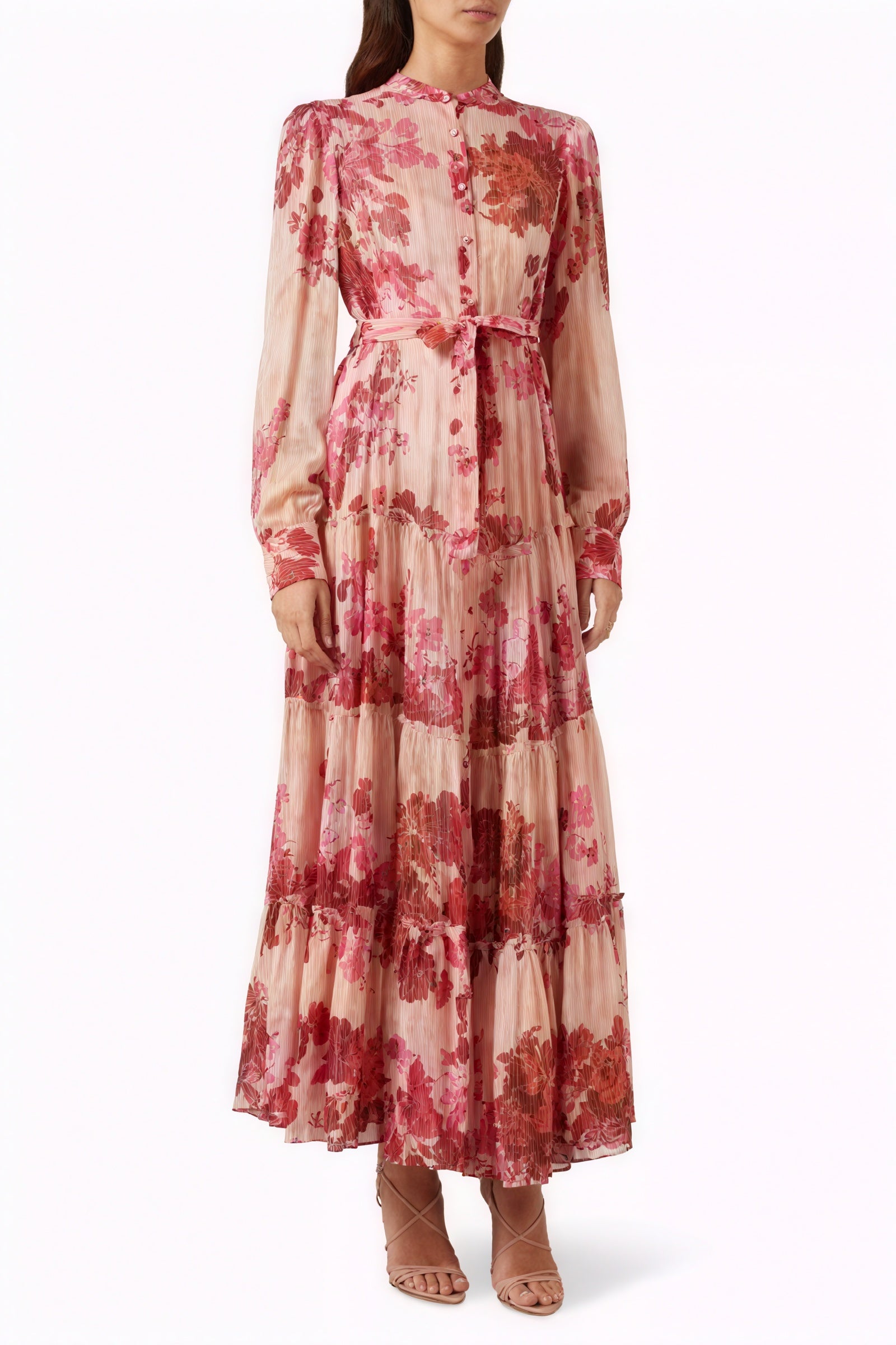Floral Tiered Maxi Dress - Mandarin Collar