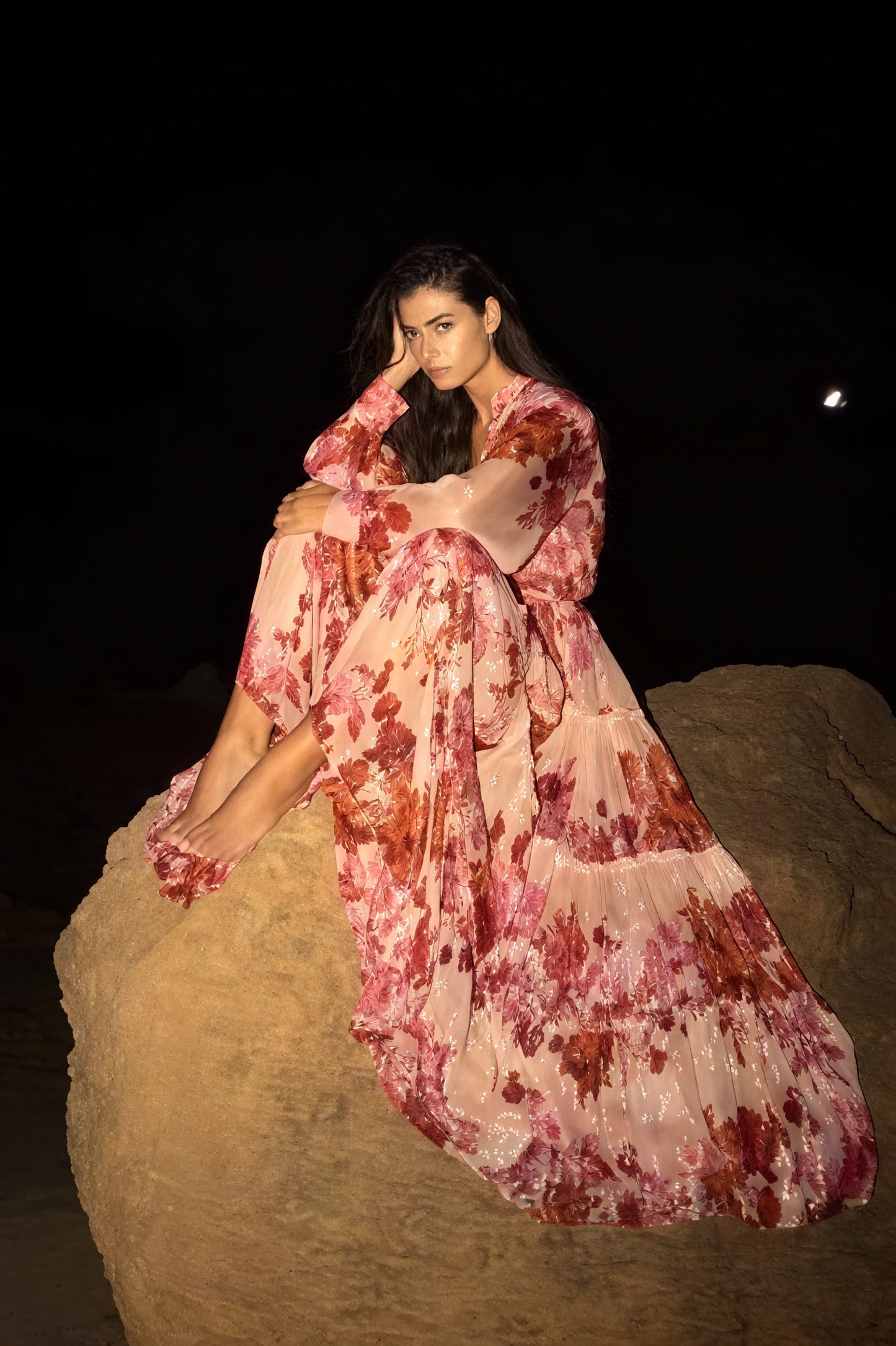 Floral Tiered Maxi Dress - Mandarin Collar