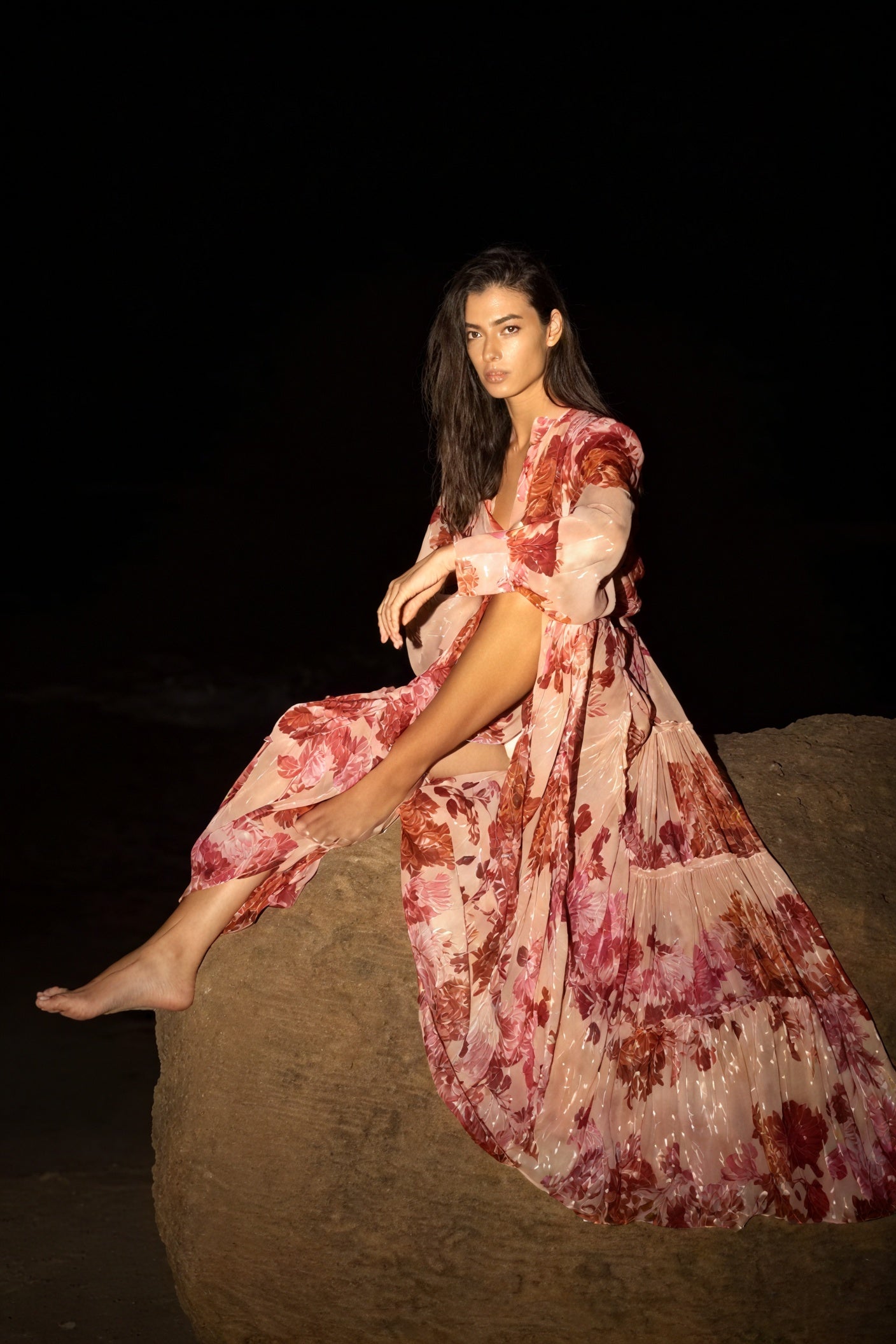 Floral Tiered Maxi Dress - Mandarin Collar