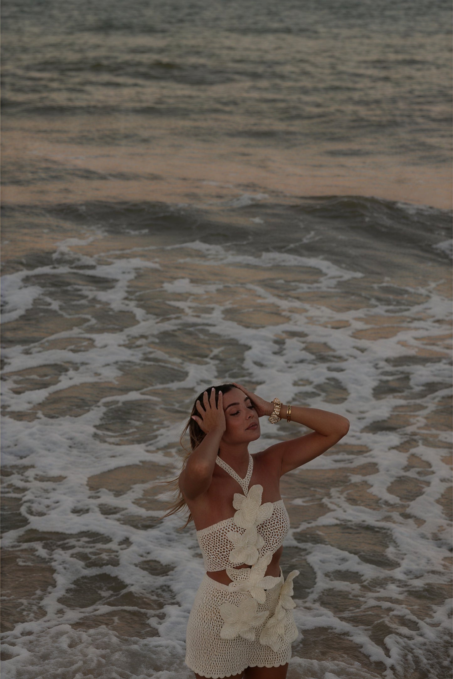 Crochet Halter Dress - Floral Appliqués, Open Weave