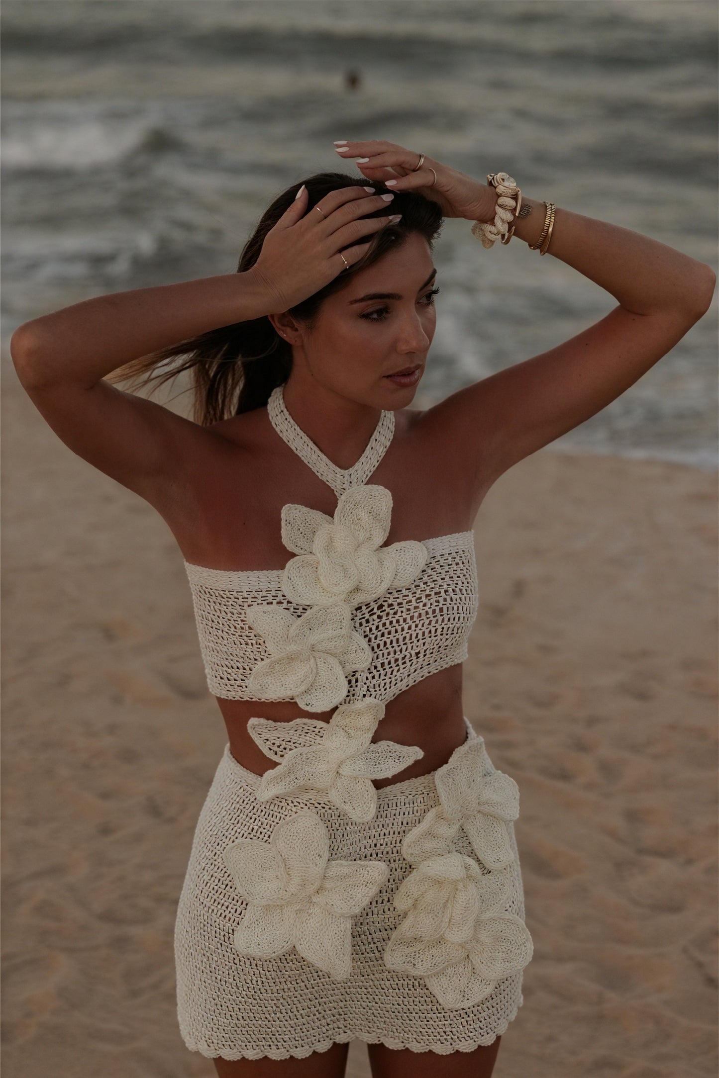Crochet Halter Dress - Floral Appliqués, Open Weave