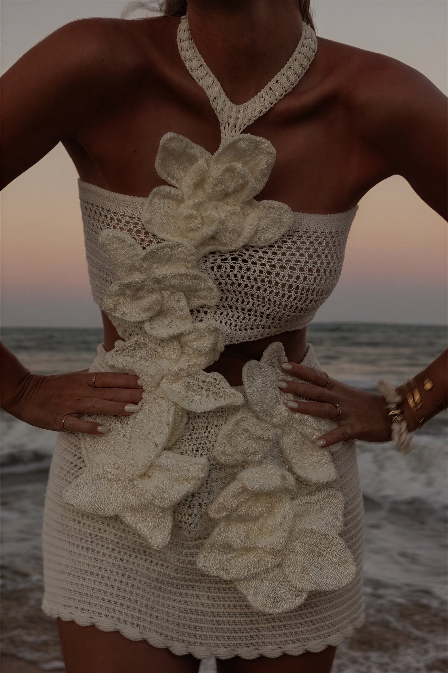 Crochet Halter Dress - Floral Appliqués, Open Weave