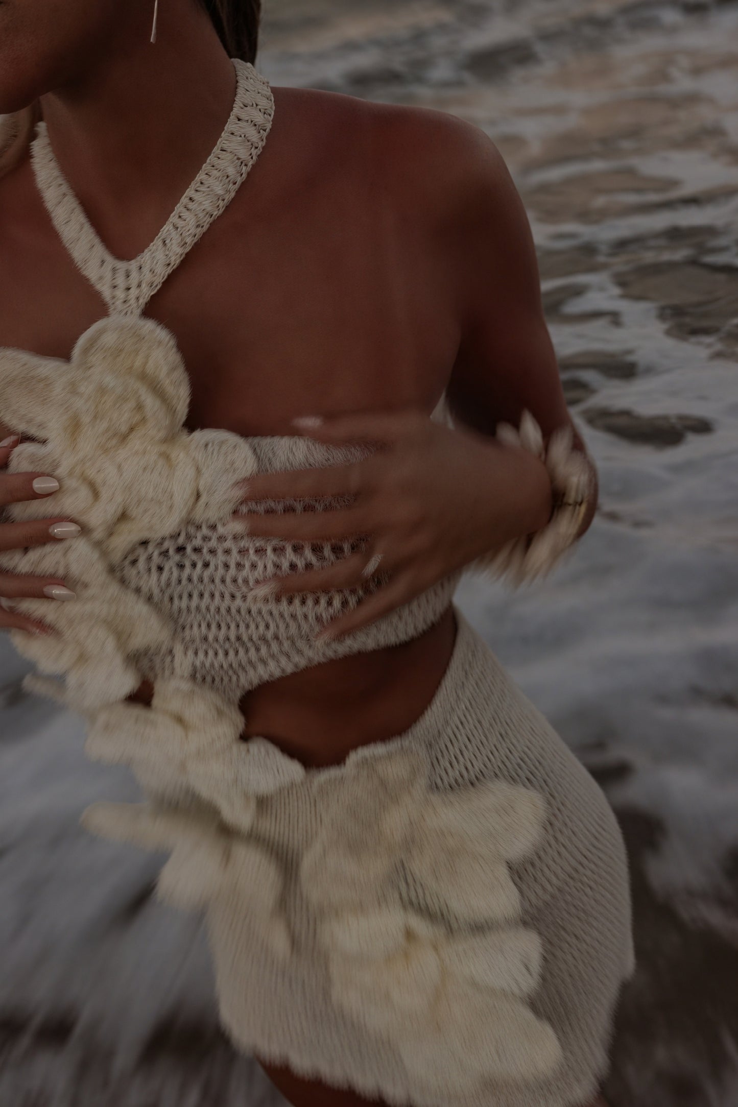 Crochet Halter Dress - Floral Appliqués, Open Weave