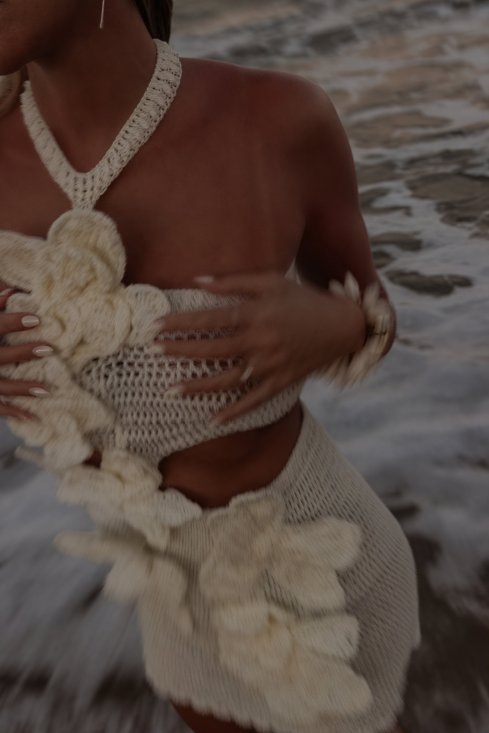 Crochet Halter Dress - Floral Appliqués, Open Weave