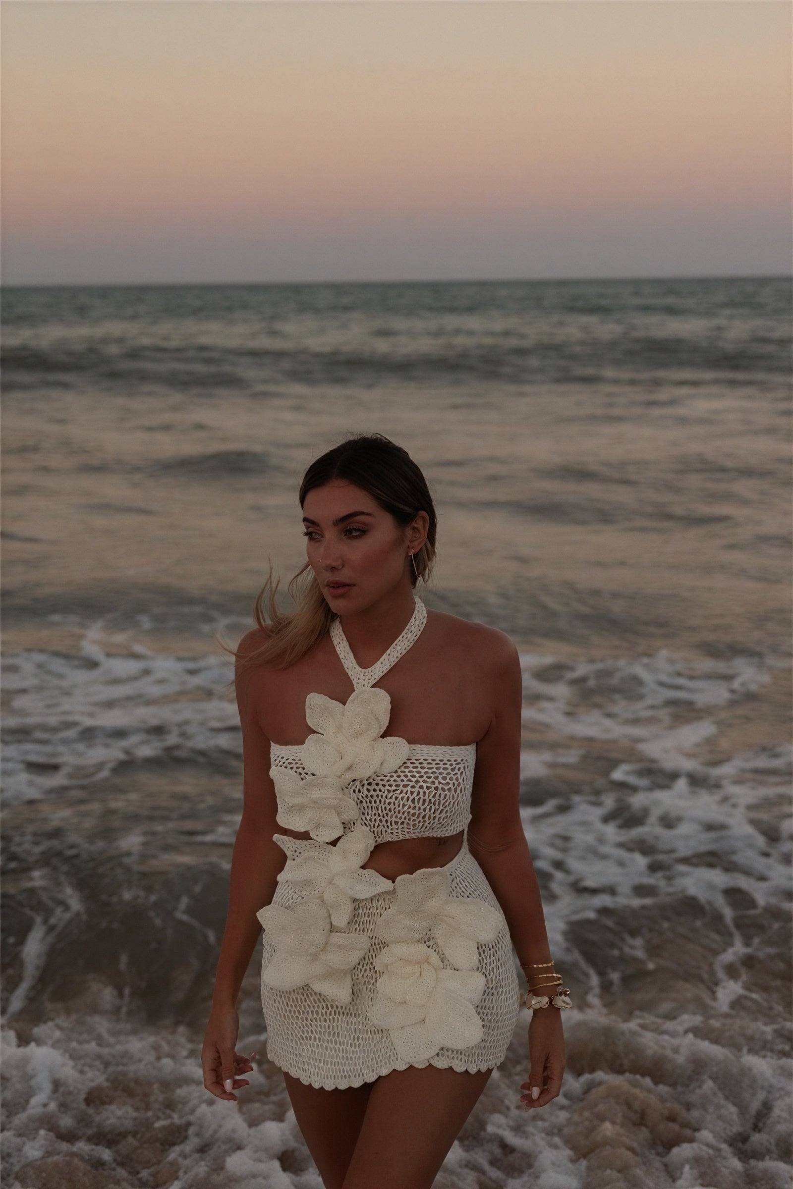 Crochet Halter Dress - Floral Appliqués, Open Weave