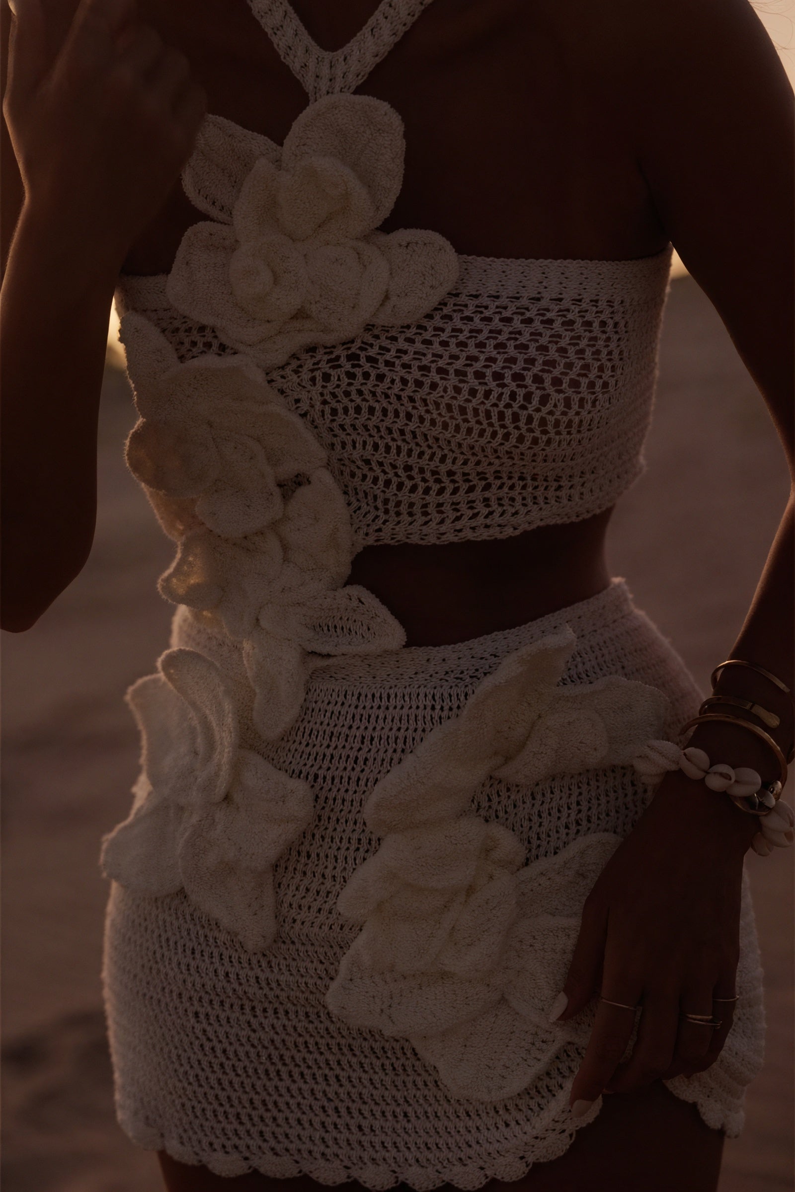 Crochet Halter Dress - Floral Appliqués, Open Weave