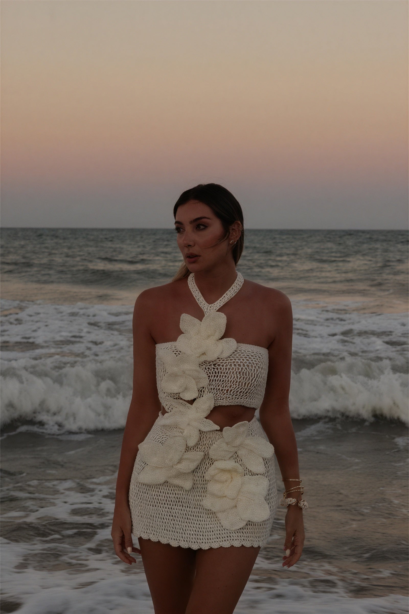 Crochet Halter Dress - Floral Appliqués, Open Weave