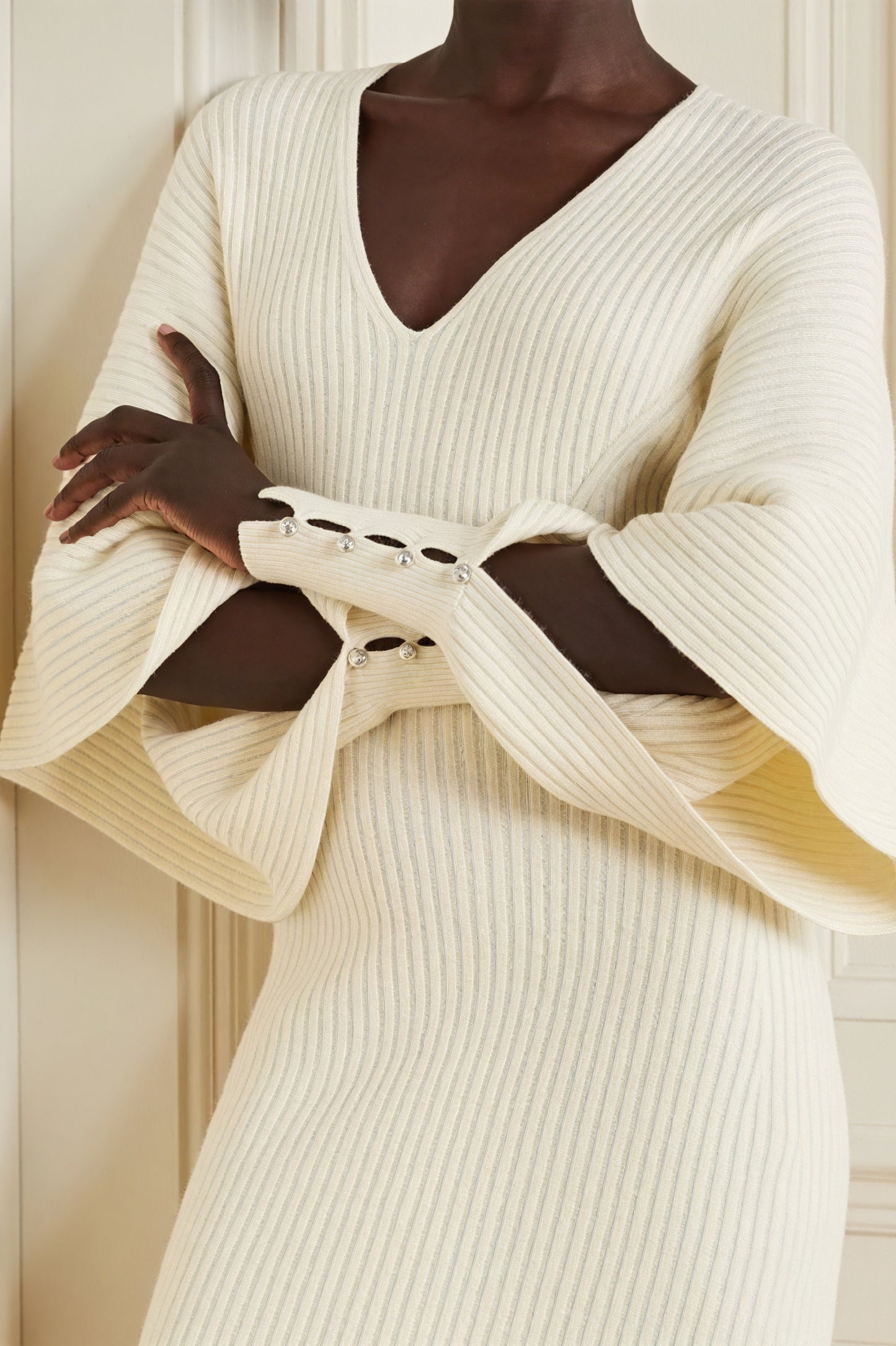 Ribbed Knit Midi Dress - Cape Sleeves