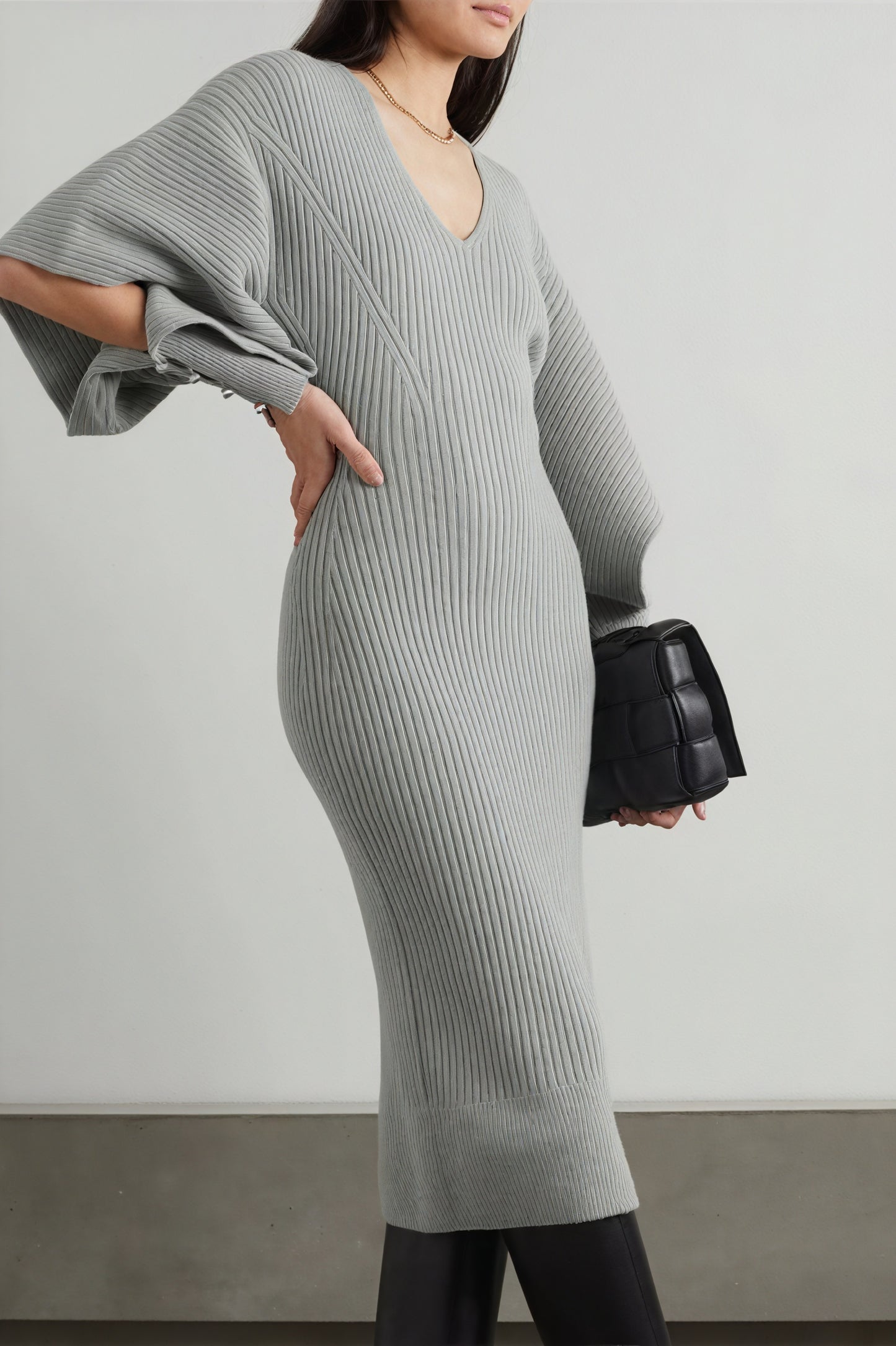 Ribbed Knit Midi Dress - Cape Sleeves