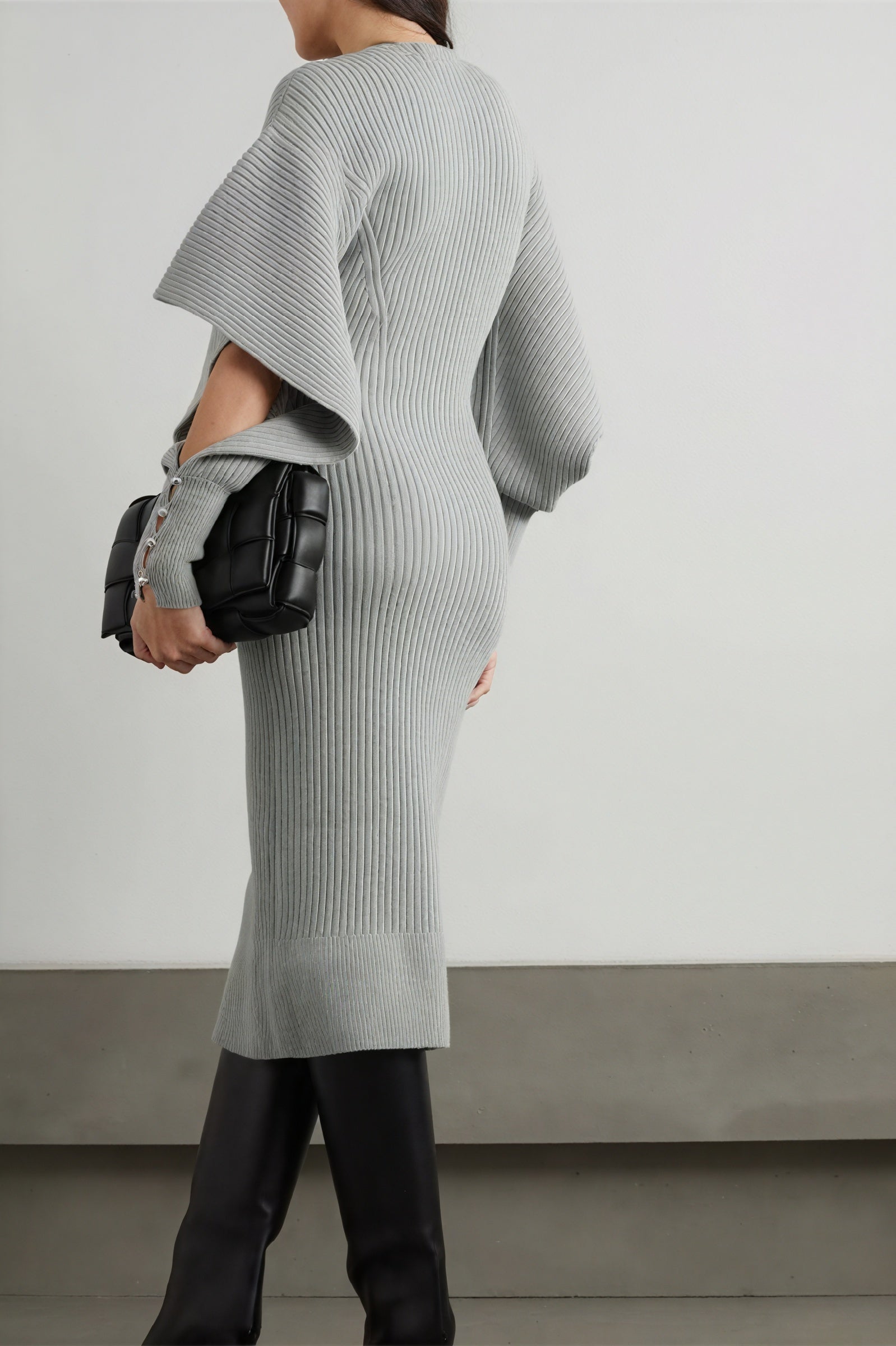 Ribbed Knit Midi Dress - Cape Sleeves