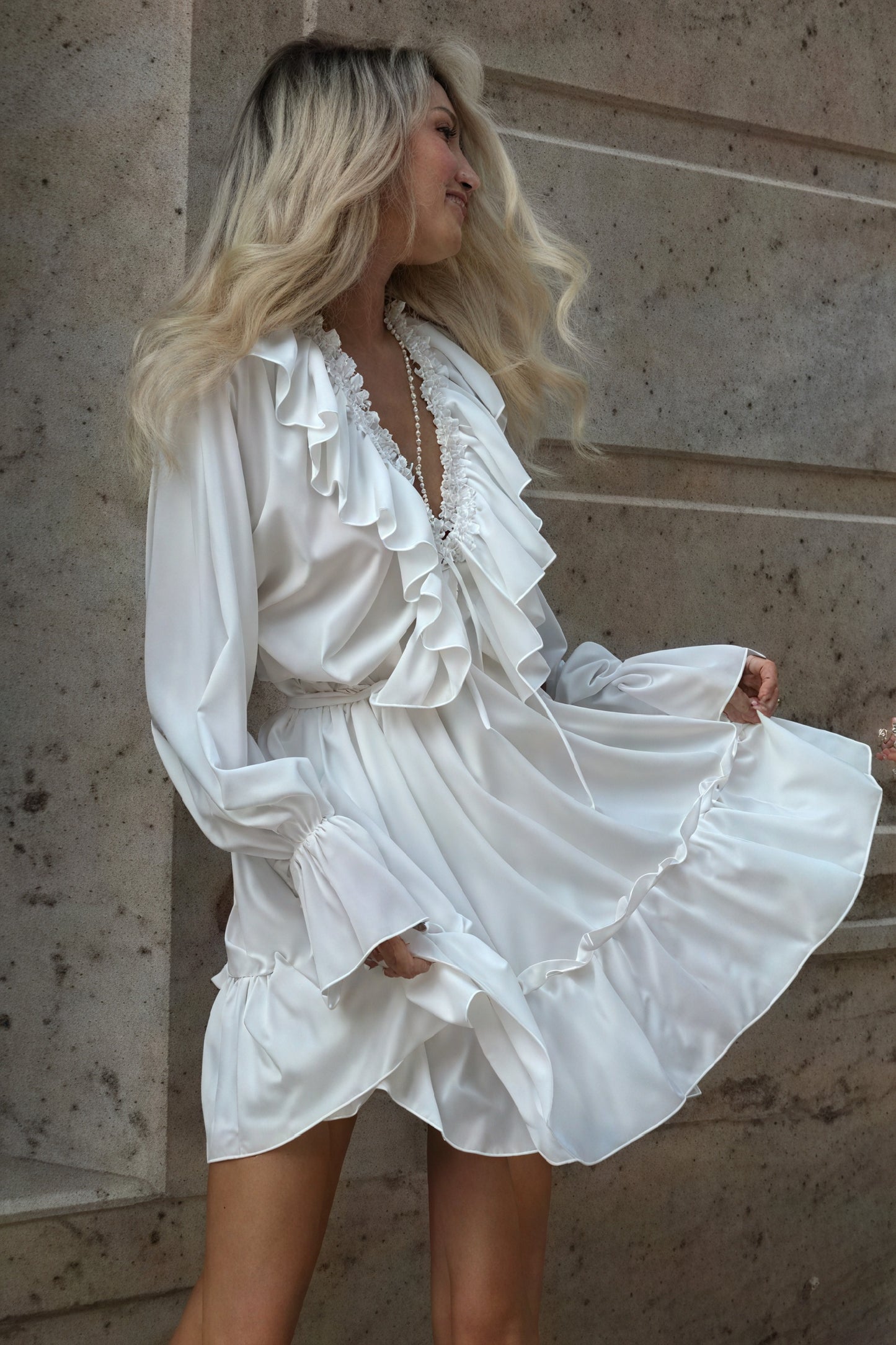 Ruffled Mini Dress - Billowy Sleeve V-Neck