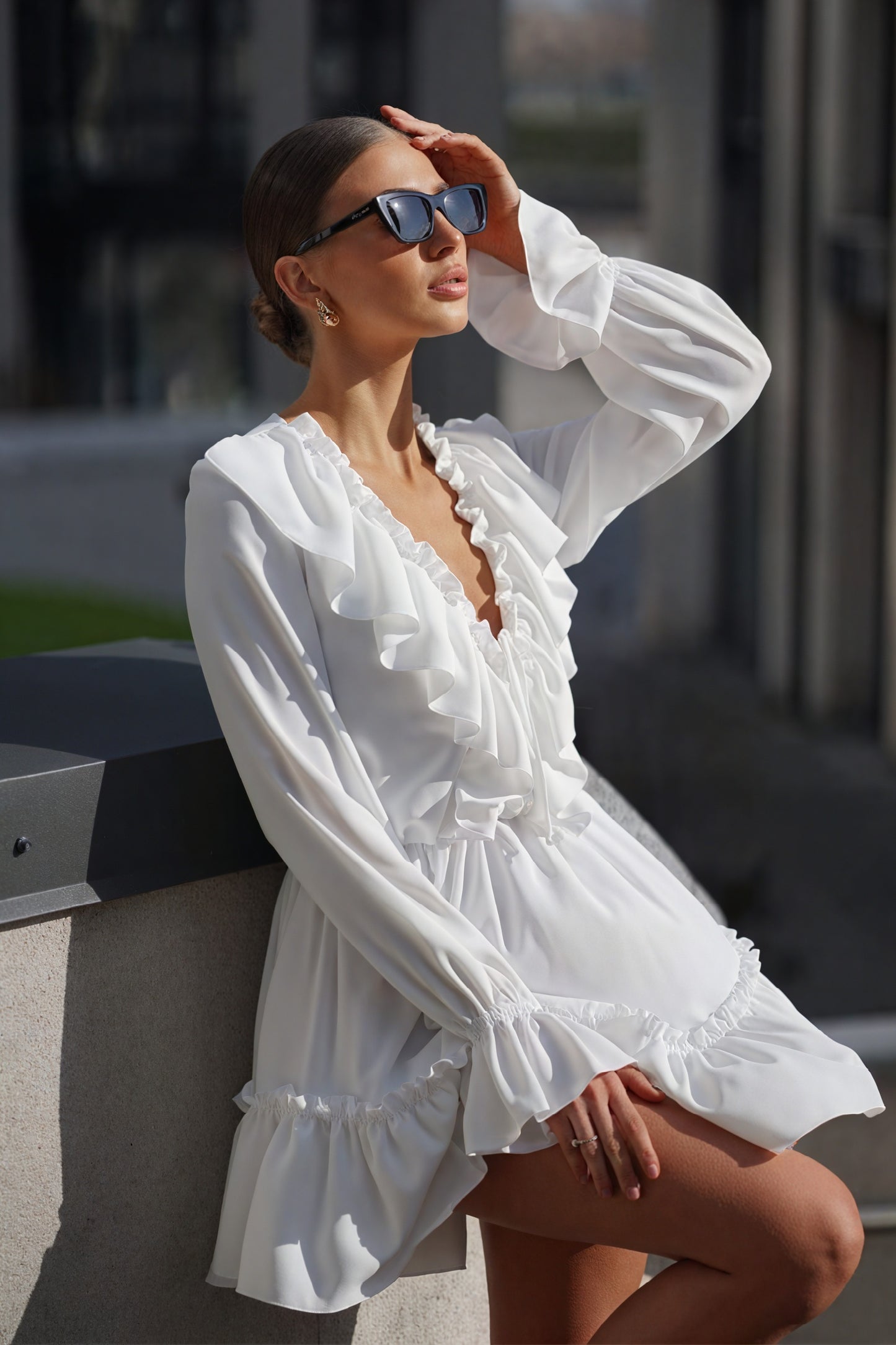 Ruffled Mini Dress - Billowy Sleeve V-Neck