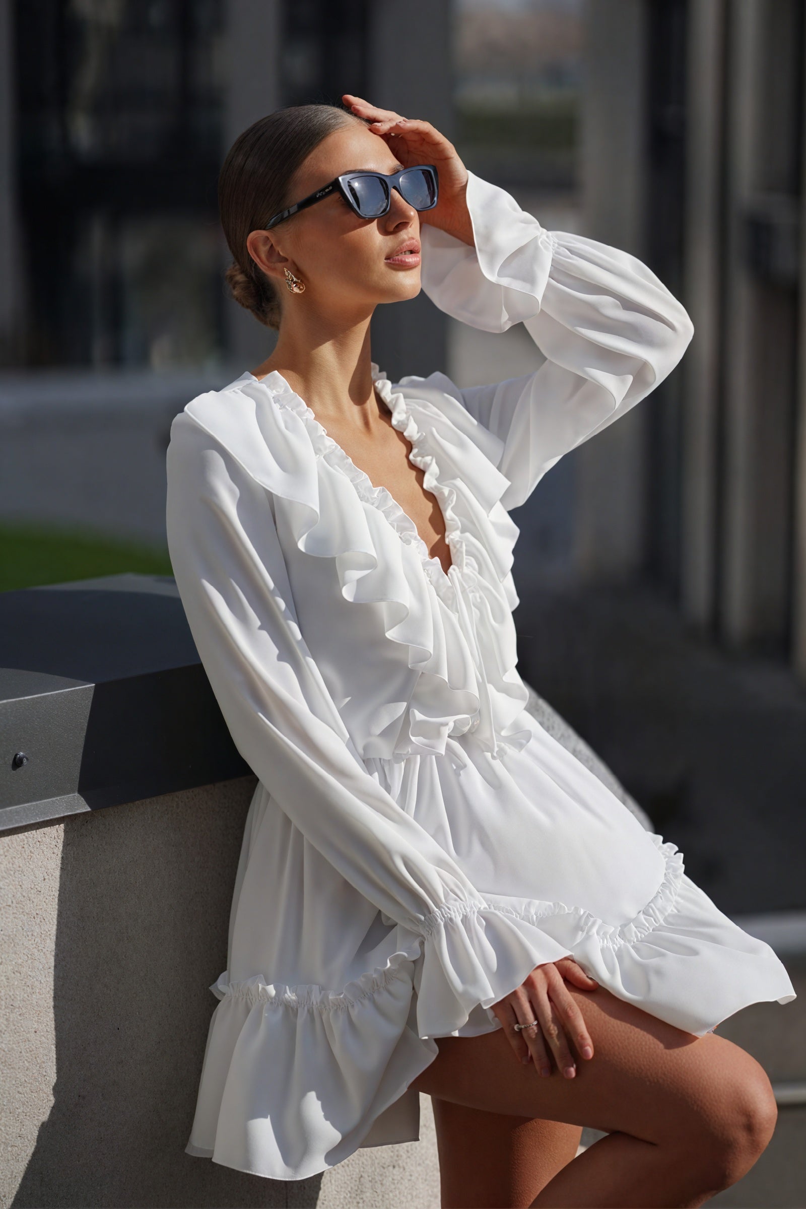 Ruffled Mini Dress - Billowy Sleeve V-Neck