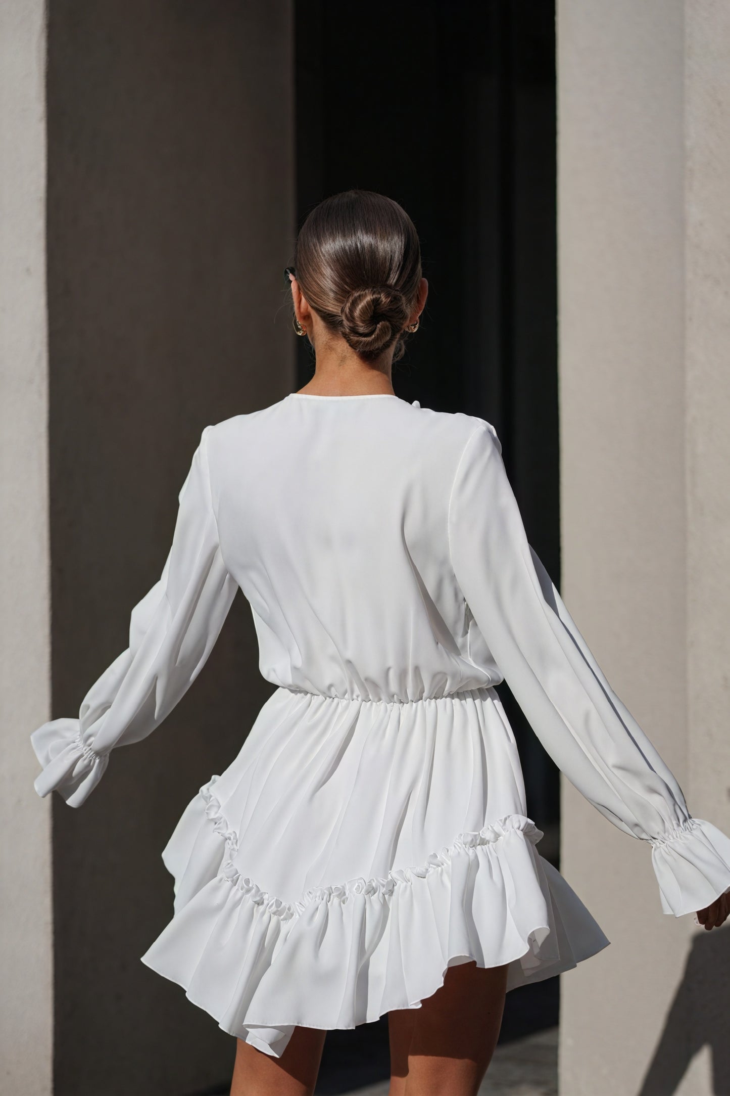 Ruffled Mini Dress - Billowy Sleeve V-Neck