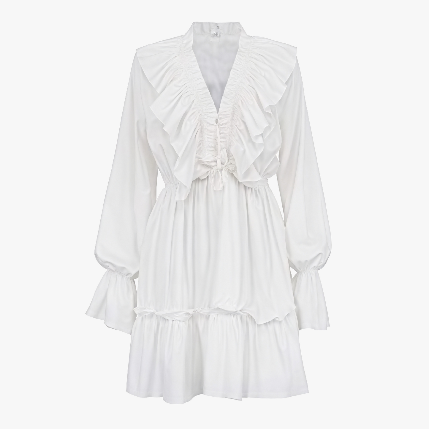 Ruffled Mini Dress - Billowy Sleeve V-Neck