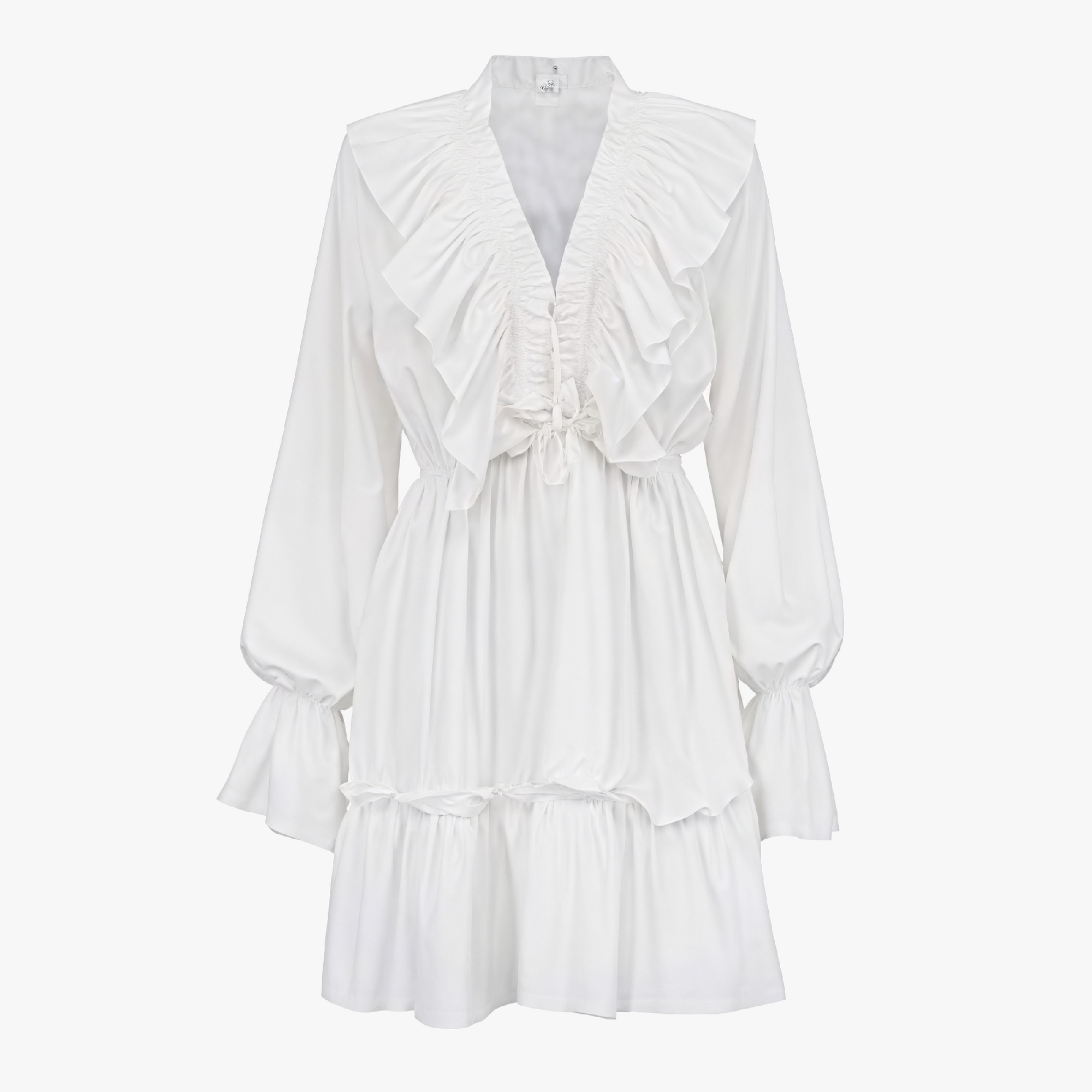Ruffled Mini Dress - Billowy Sleeve V-Neck